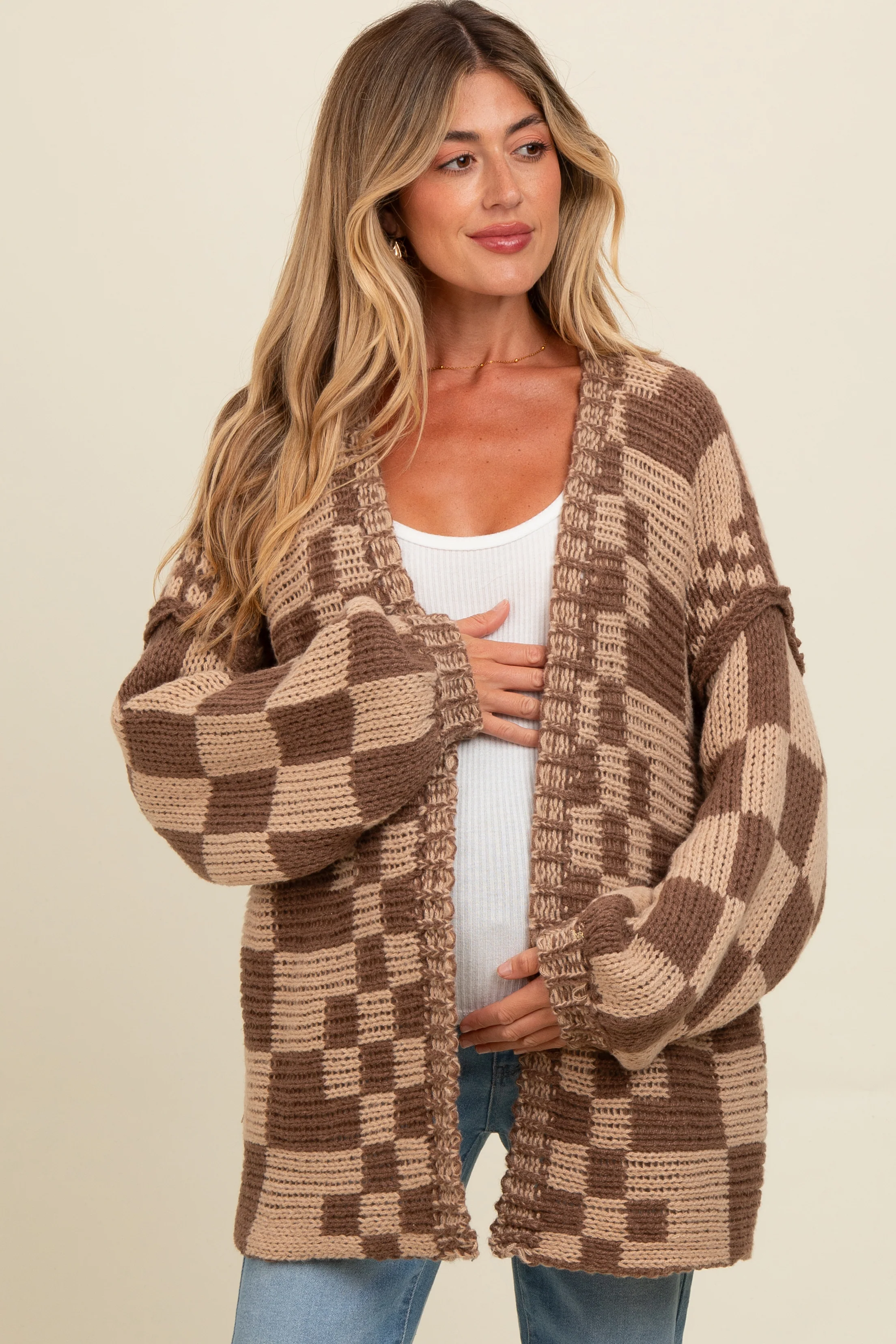 Brown Mixed Check Pattern Chunky Maternity Cardigan - Image 2