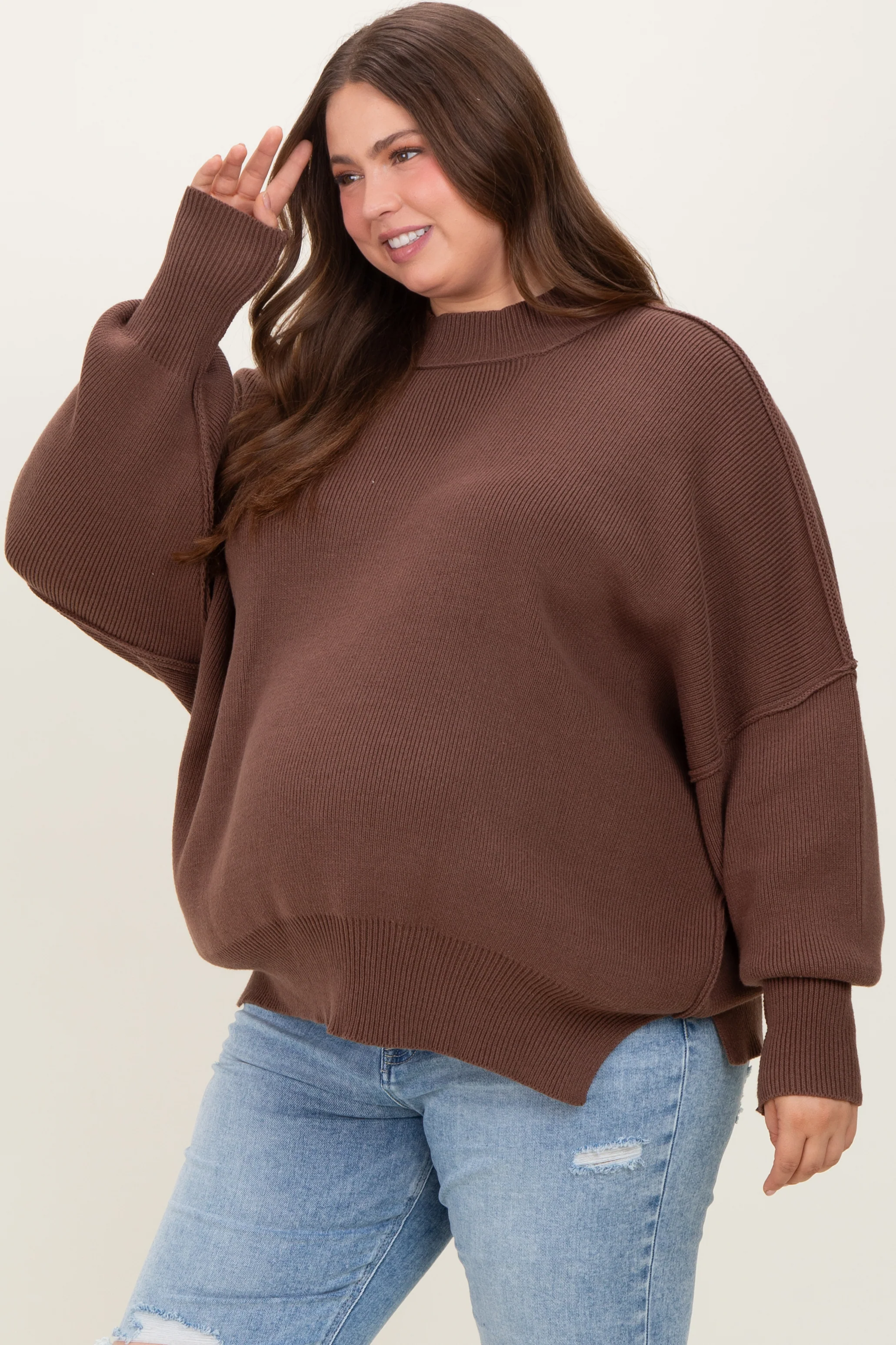 Brown Mock Neck Exposed Seam Maternity Sweater - Image 2
