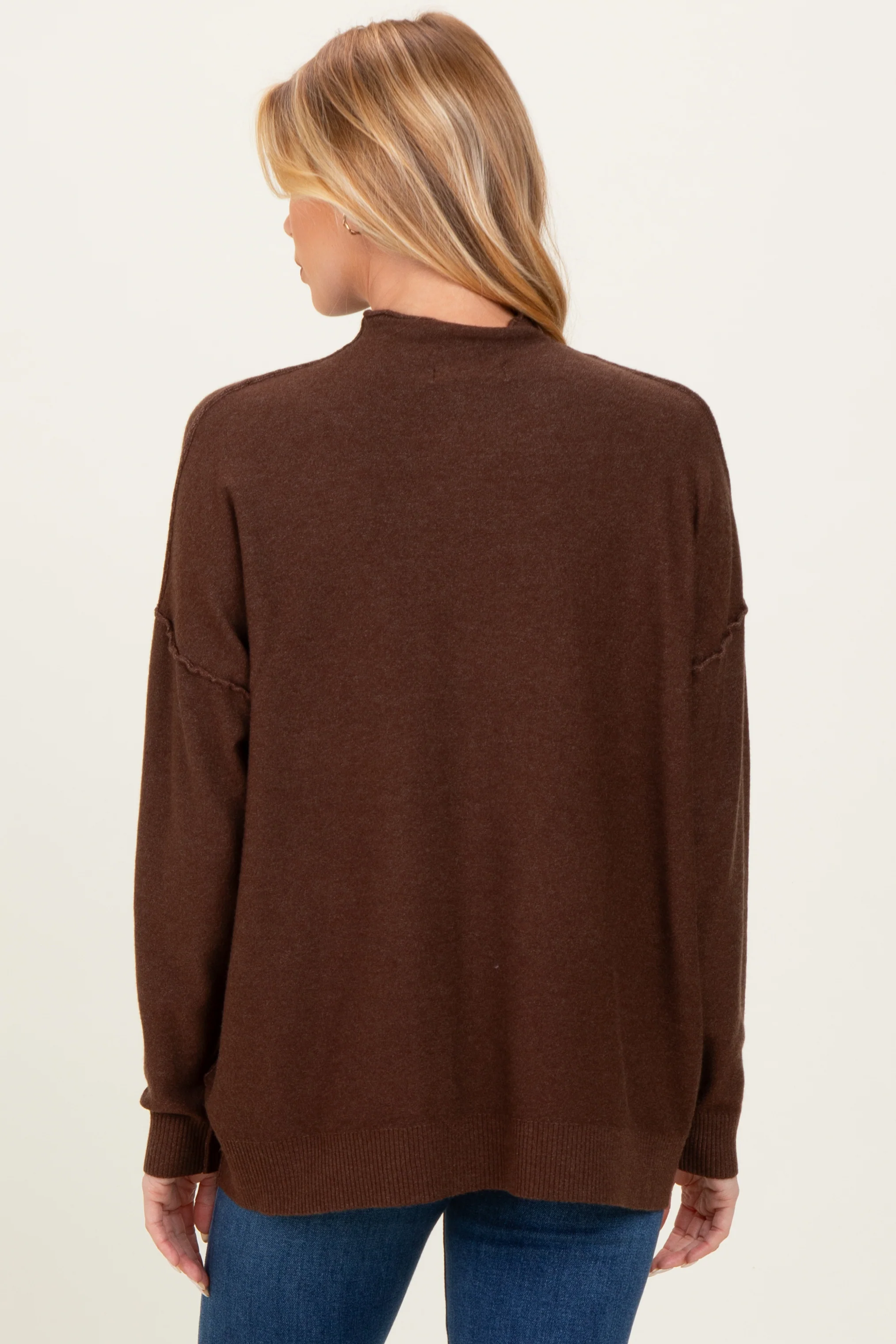 Brown Mock Neck Exposed Seam Maternity Sweater - Image 4