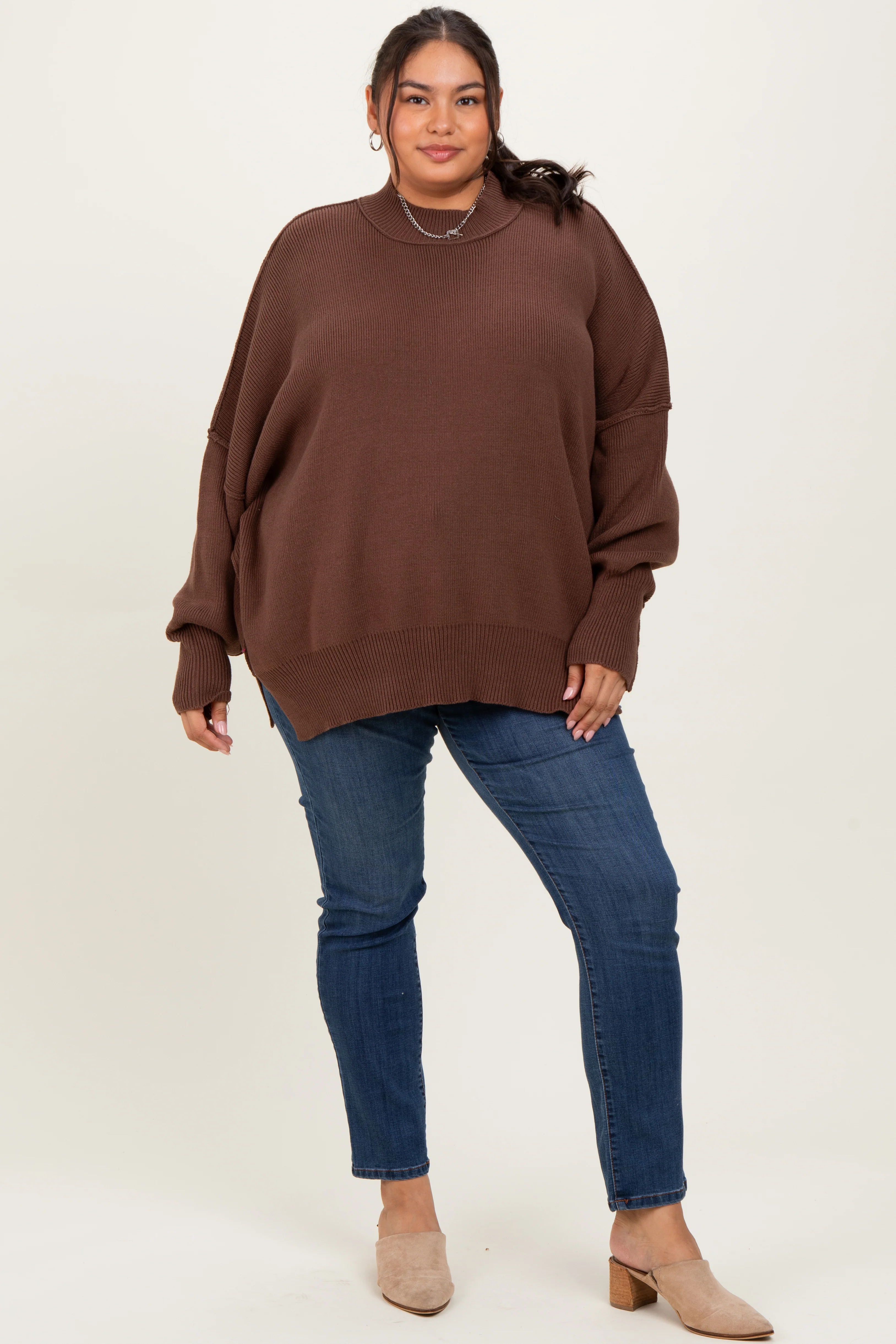 Brown Mock Neck Exposed Seam Sweater - Image 2