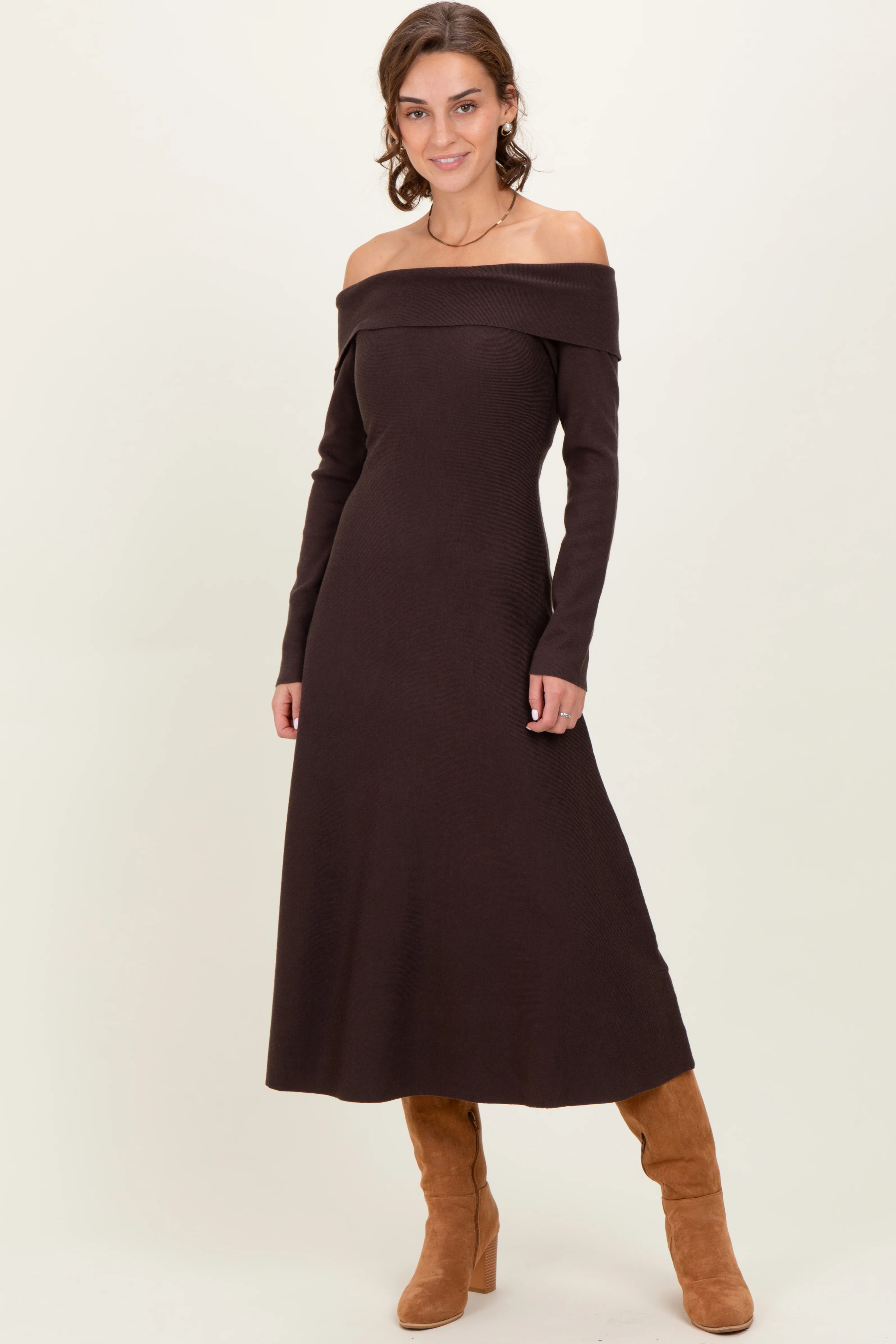 Brown Off Shoulder Maternity Sweater Midi Dress - Image 5