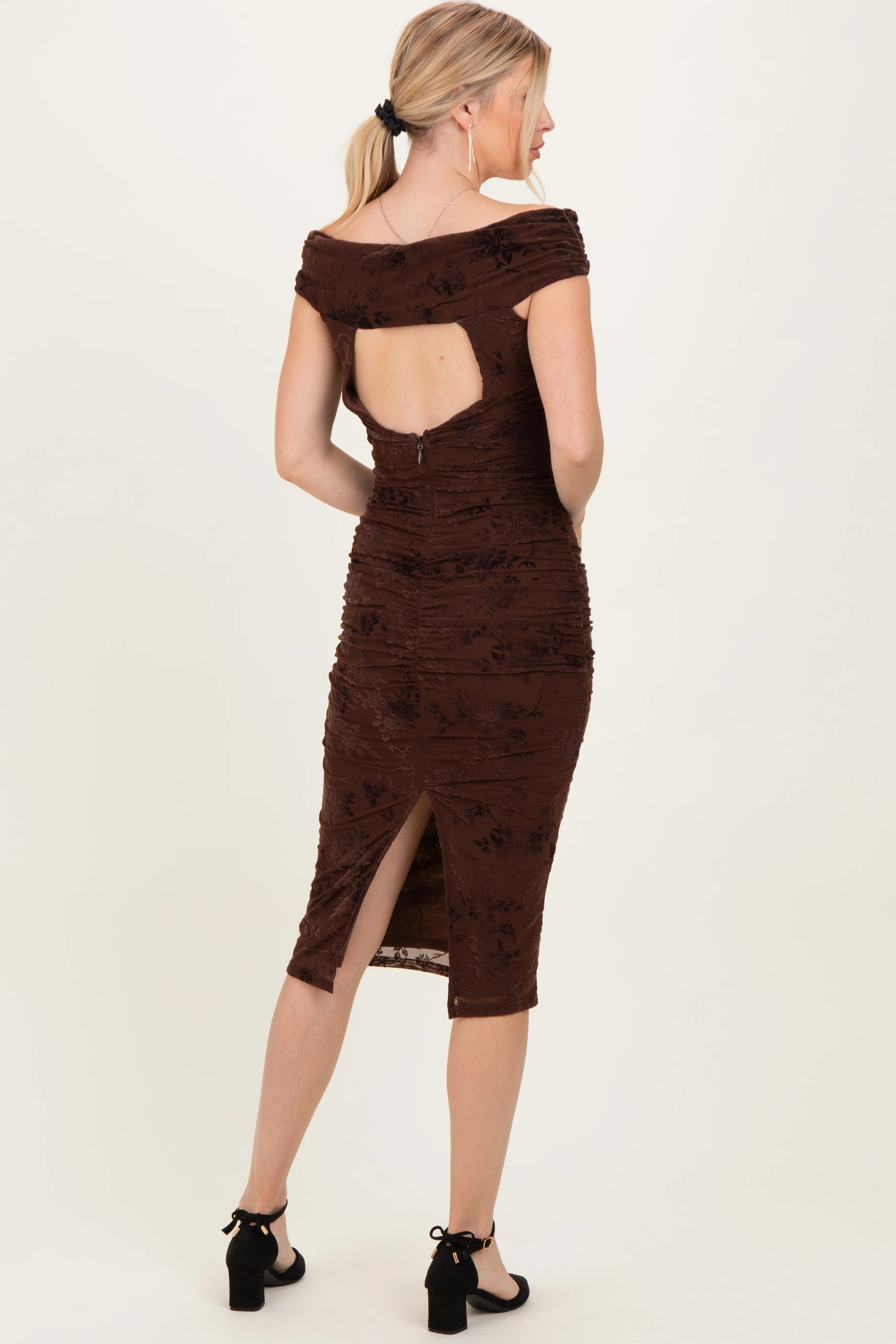 Brown Off Shoulder Ruched Mesh Midi Dress - Image 3
