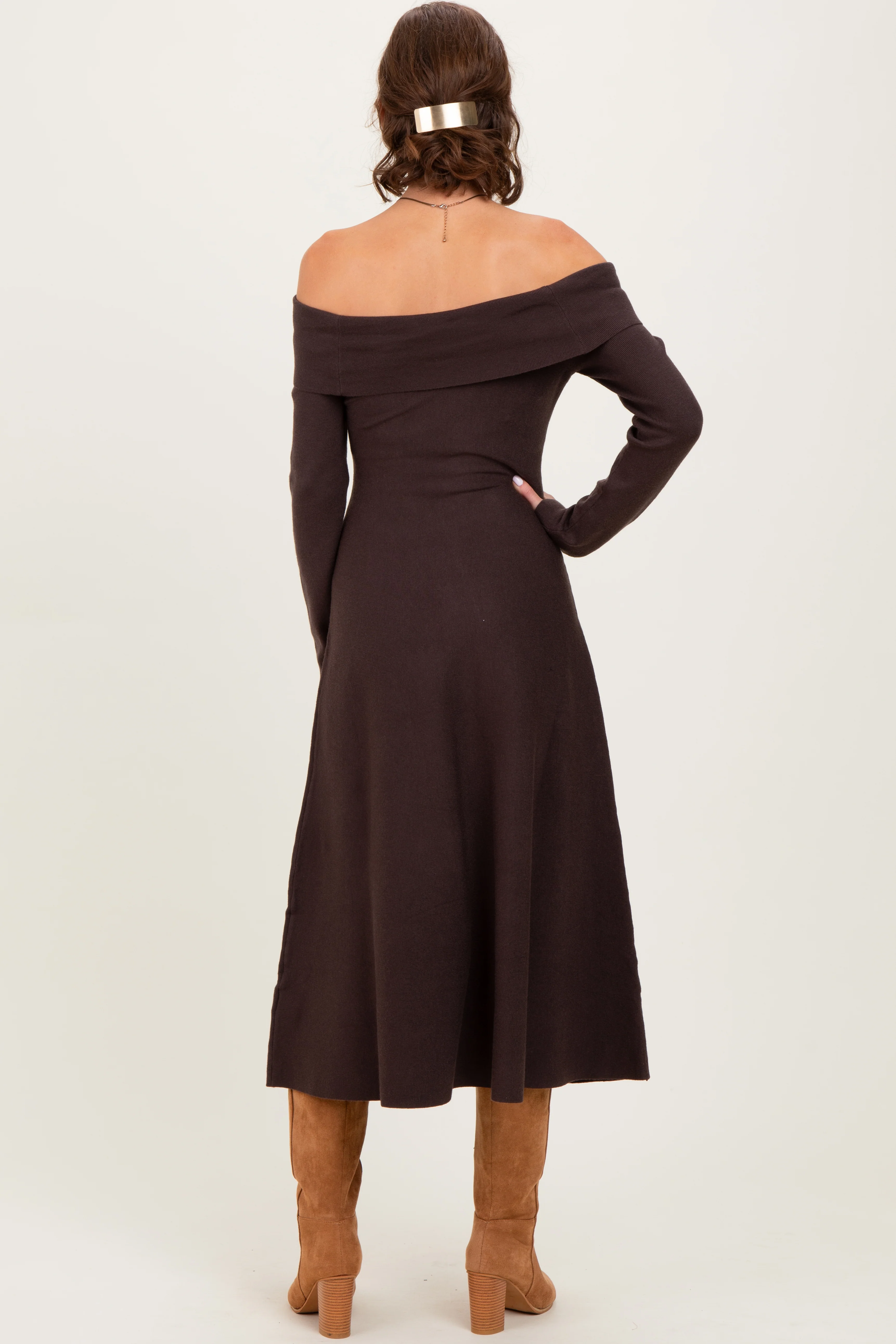 Brown Off Shoulder Sweater Midi Dress - Image 4