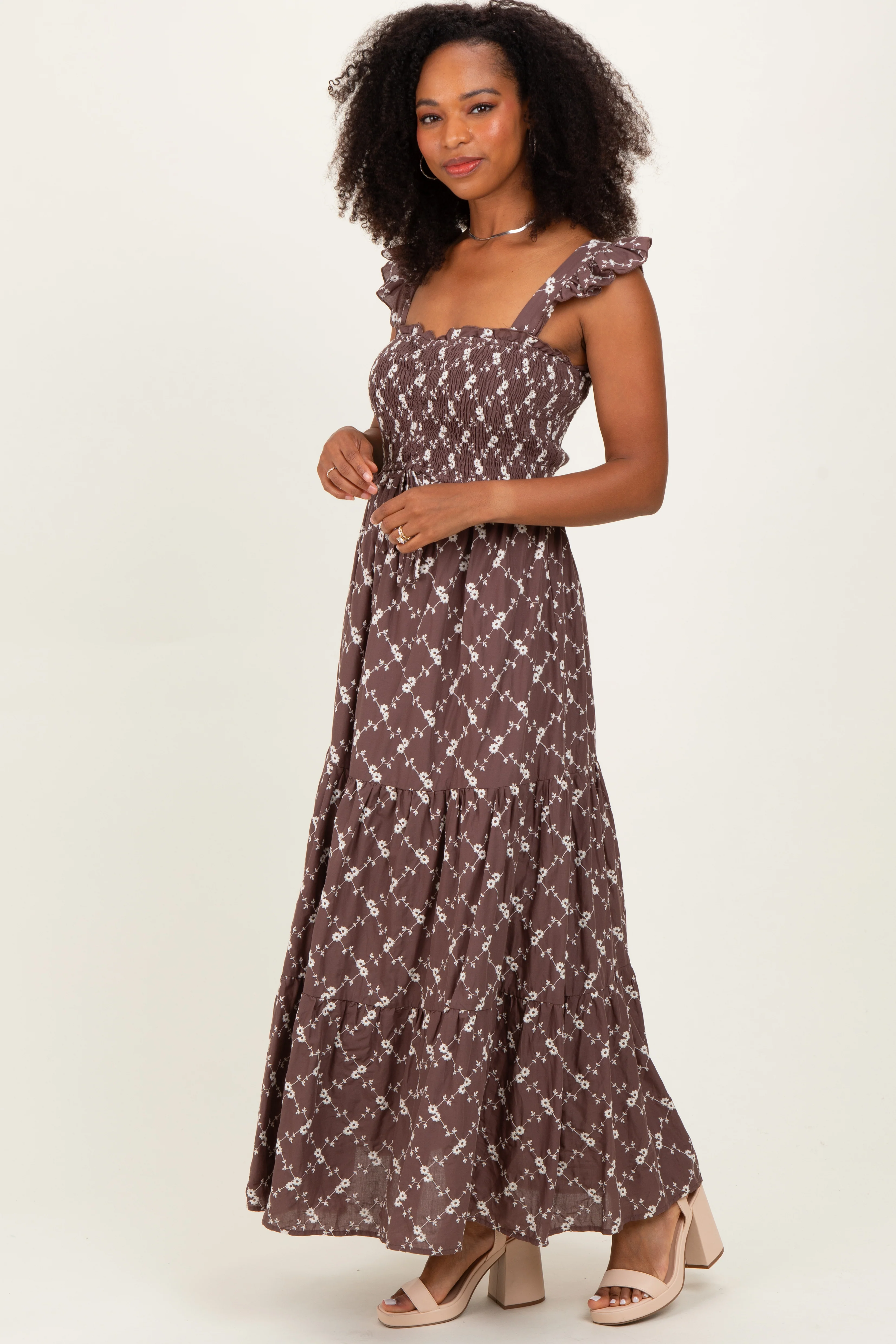 Brown Off White Floral Embroidered Tiered Maternity Maxi Dress - Image 4