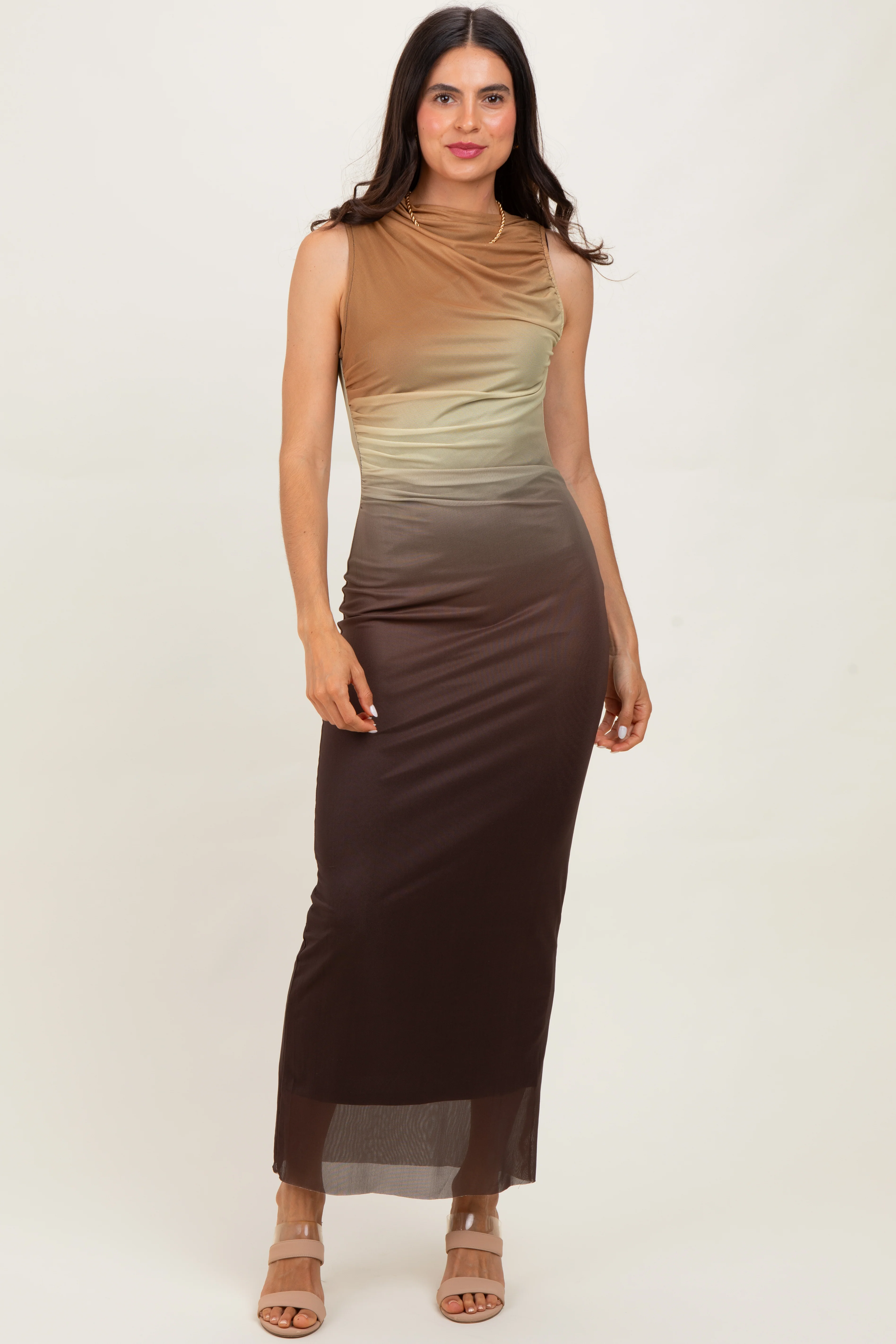 Brown Ombre Mesh Ruched Sleeveless Maternity Midi Dress - Image 4