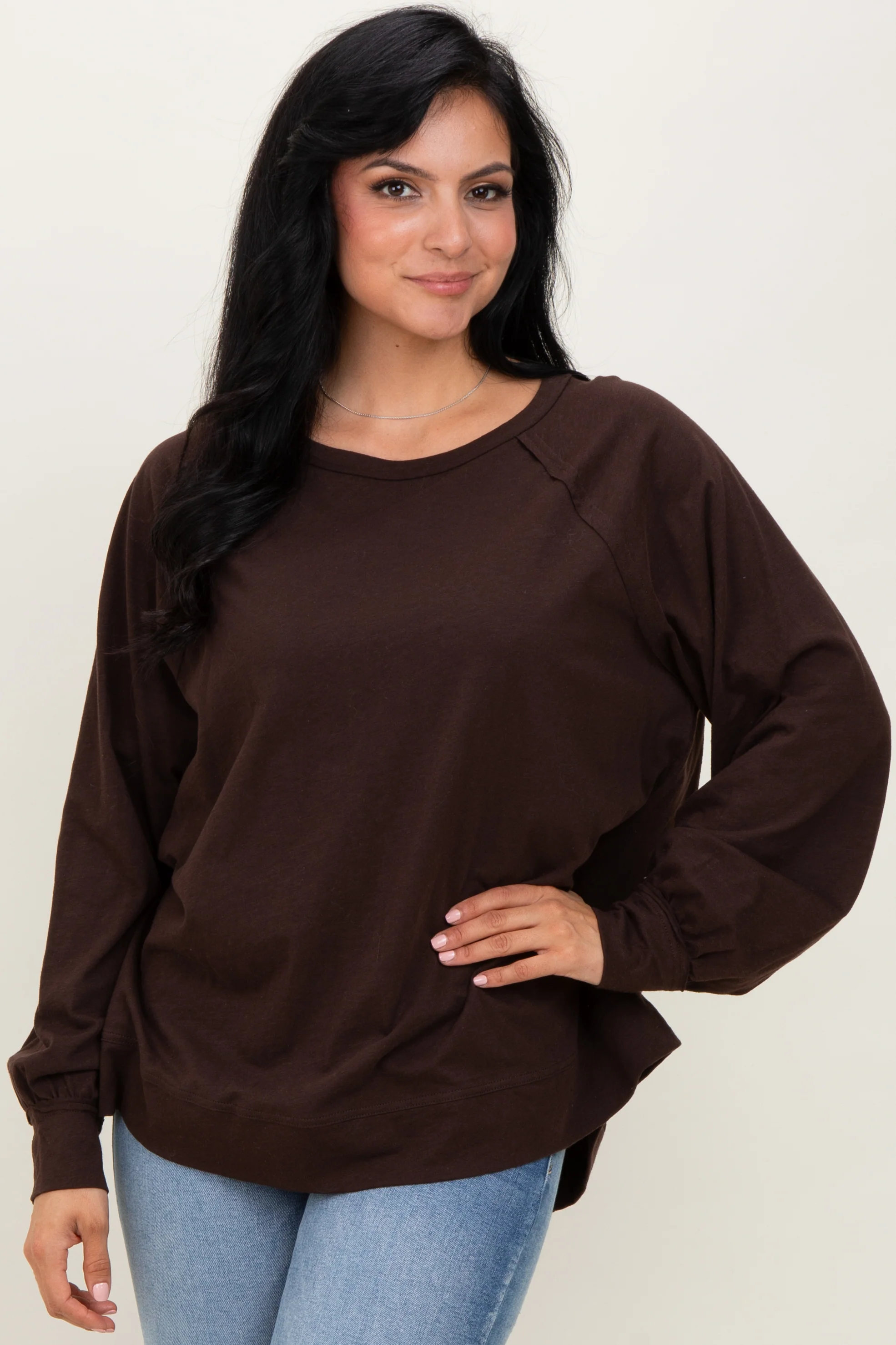 Brown Oversized Cotton Slub Long Sleeve Maternity Top - Image 5