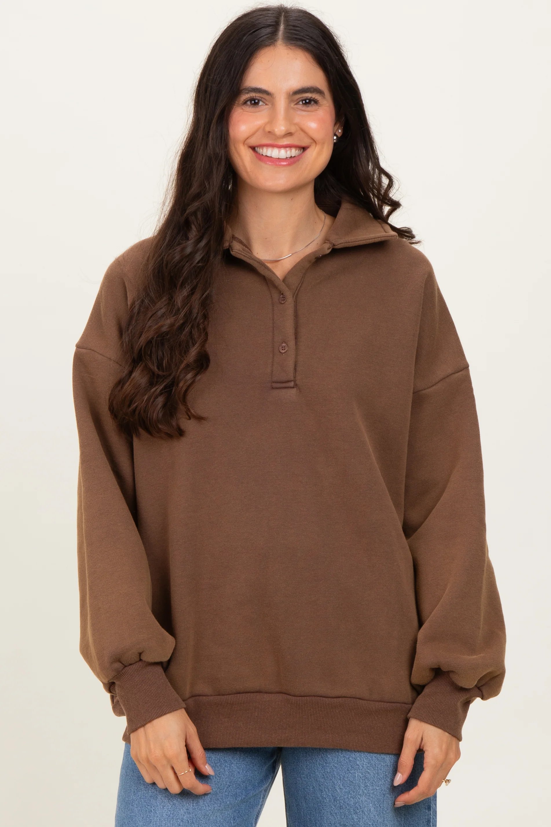 Brown Oversized Long Sleeve Polo Maternity Pullover - Image 4