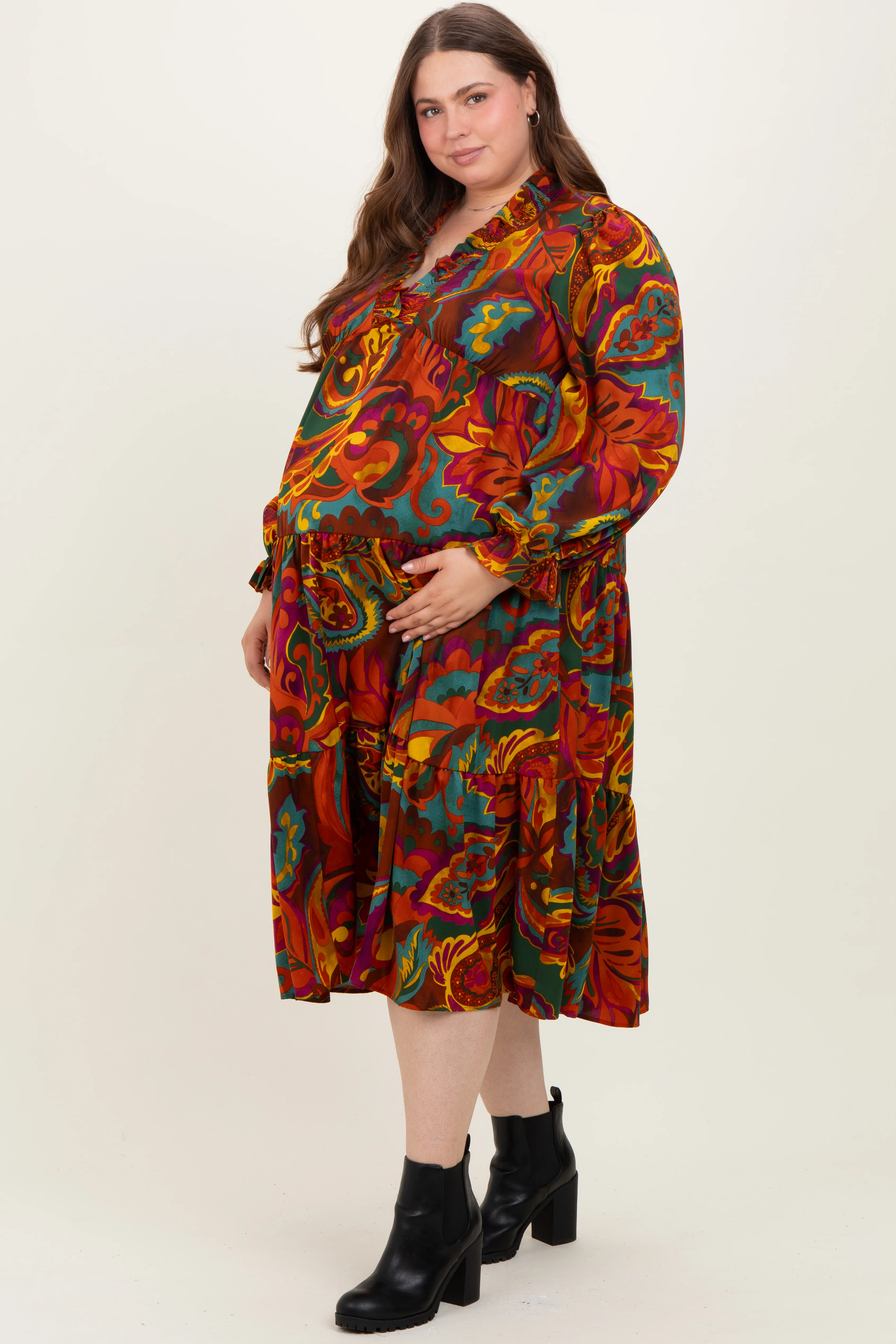 Brown Paisley V-Neck Long Sleeve Tiered Maternity Plus Maxi Dress - Image 3