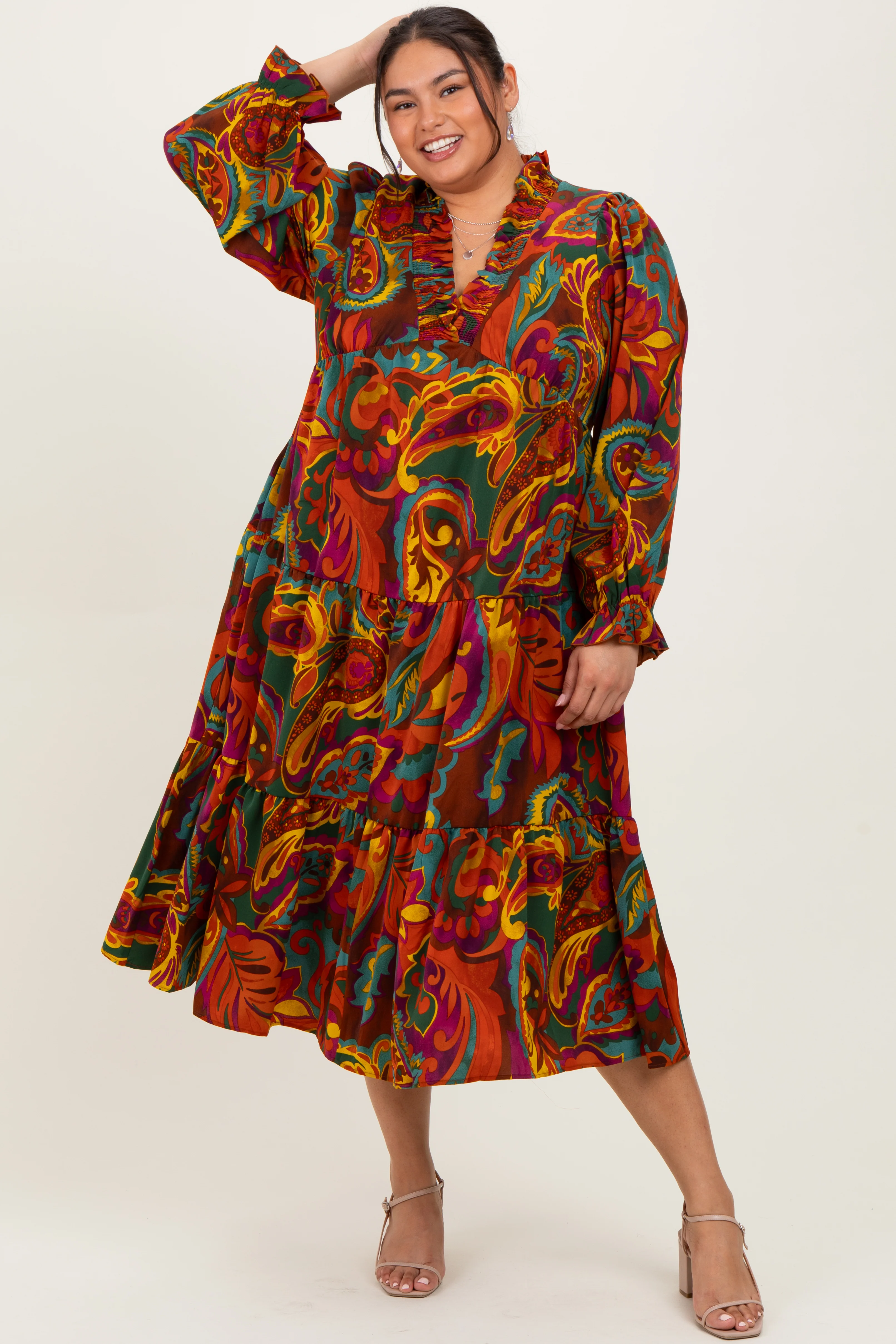 Brown Paisley V-Neck Long Sleeve Tiered Plus Maxi Dress - Image 2