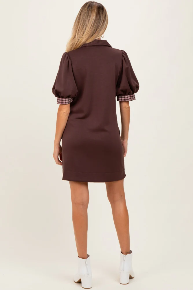 Brown Plaid Accent Puff Sleeve Maternity Mini Dress - Image 5