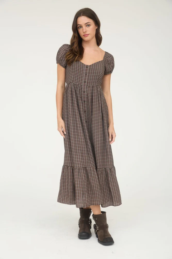 Brown Plaid Puff Sleeve Button Down Maternity Maxi Dress - Image 4