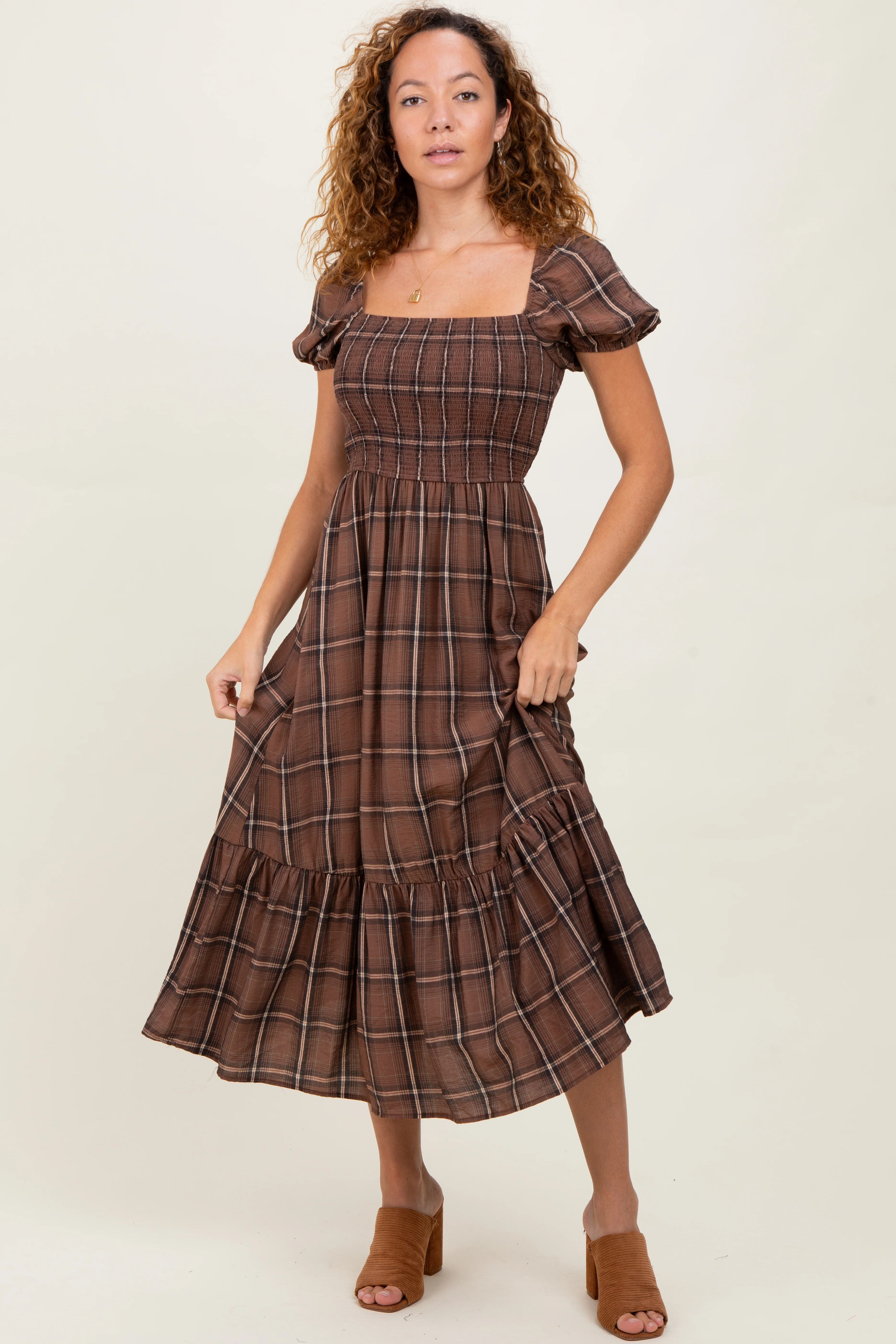 Brown Plaid Smocked Puff Sleeve Maternity Midi Dress - Image 4