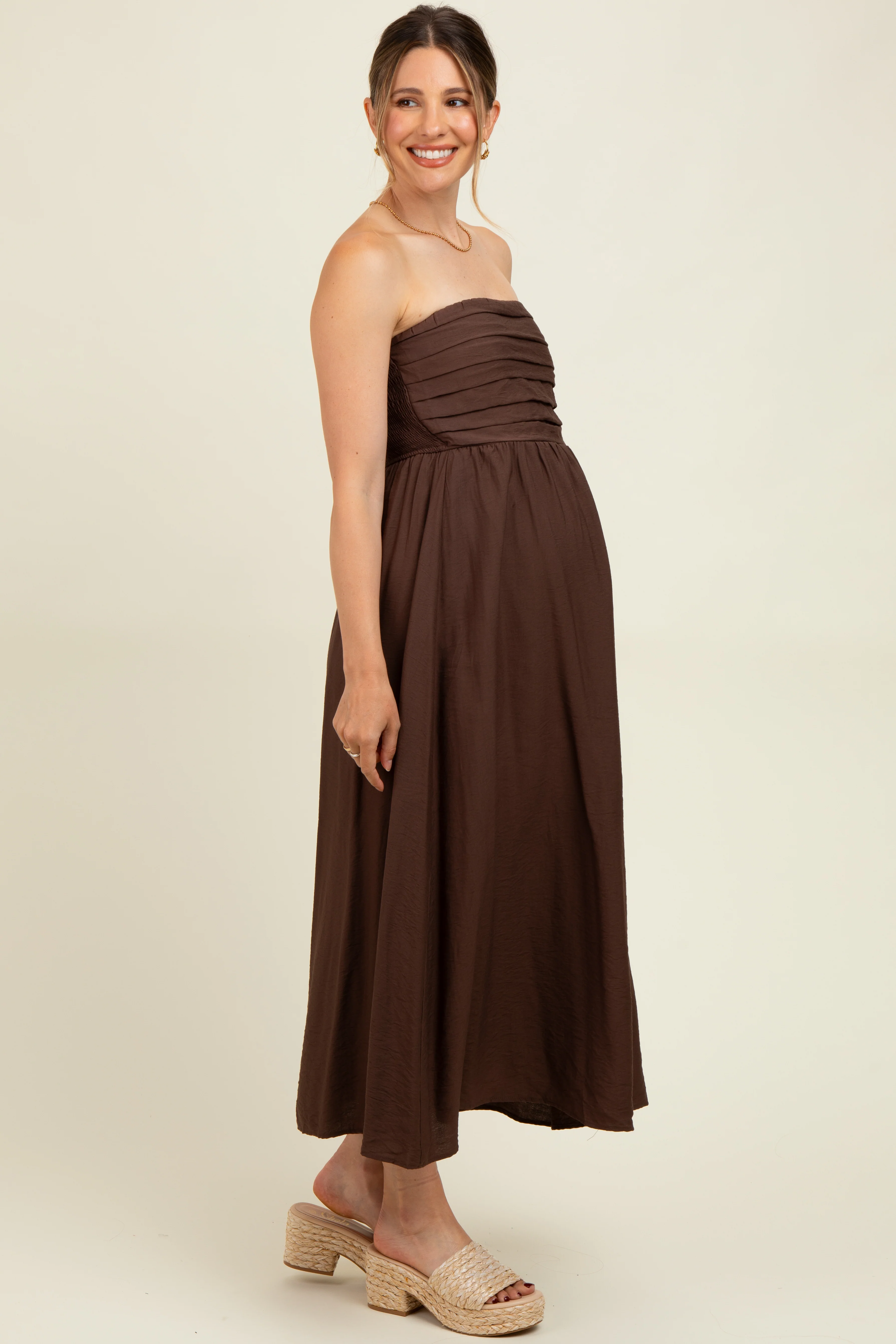 Brown Pleated Bodice Strapless Maternity Midi Dress - Image 3