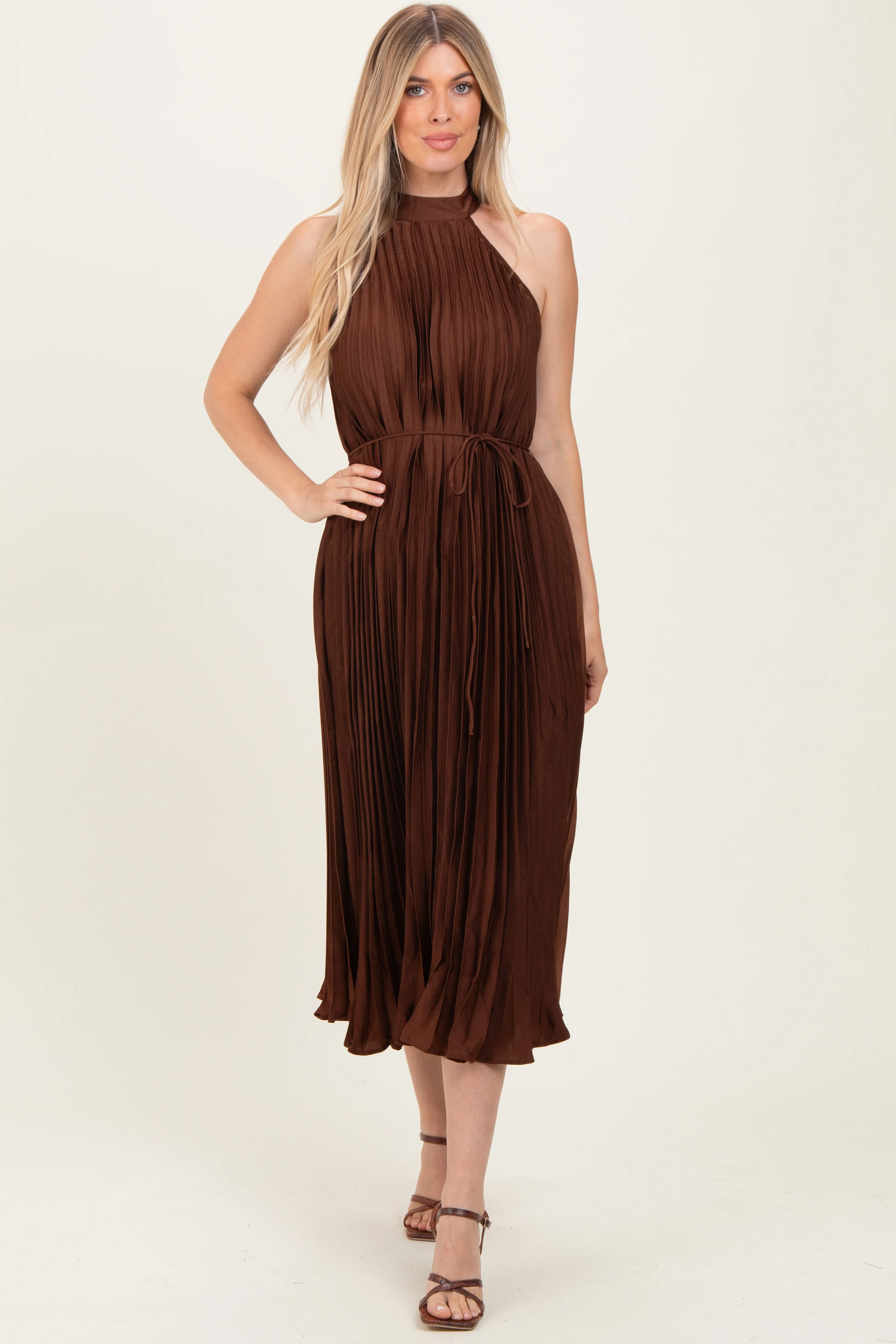 Brown Pleated Maternity Halter Dress - Image 5
