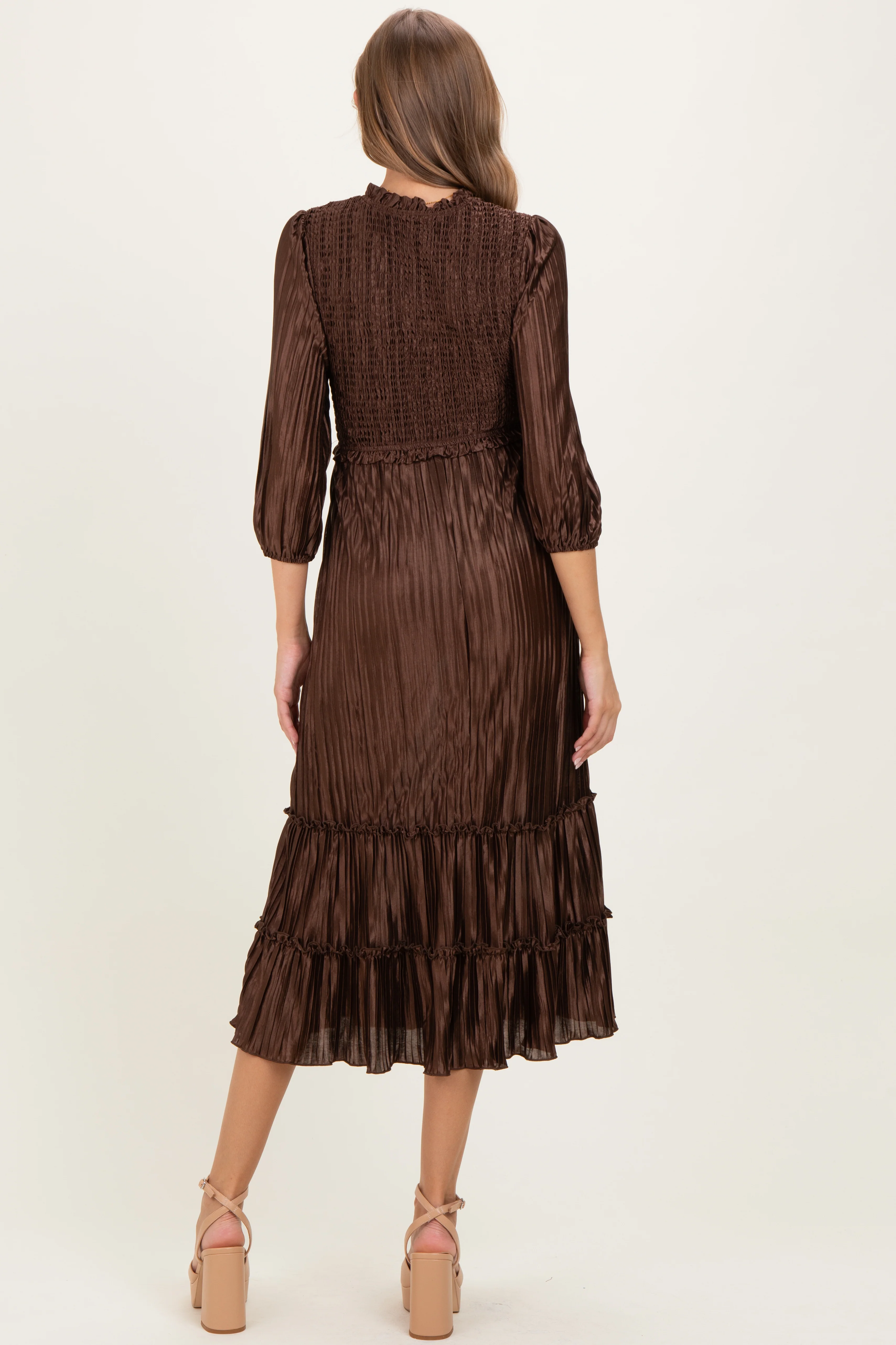 Brown Pleated Satin Smocked Bodice Maternity Midi Dress - Image 4