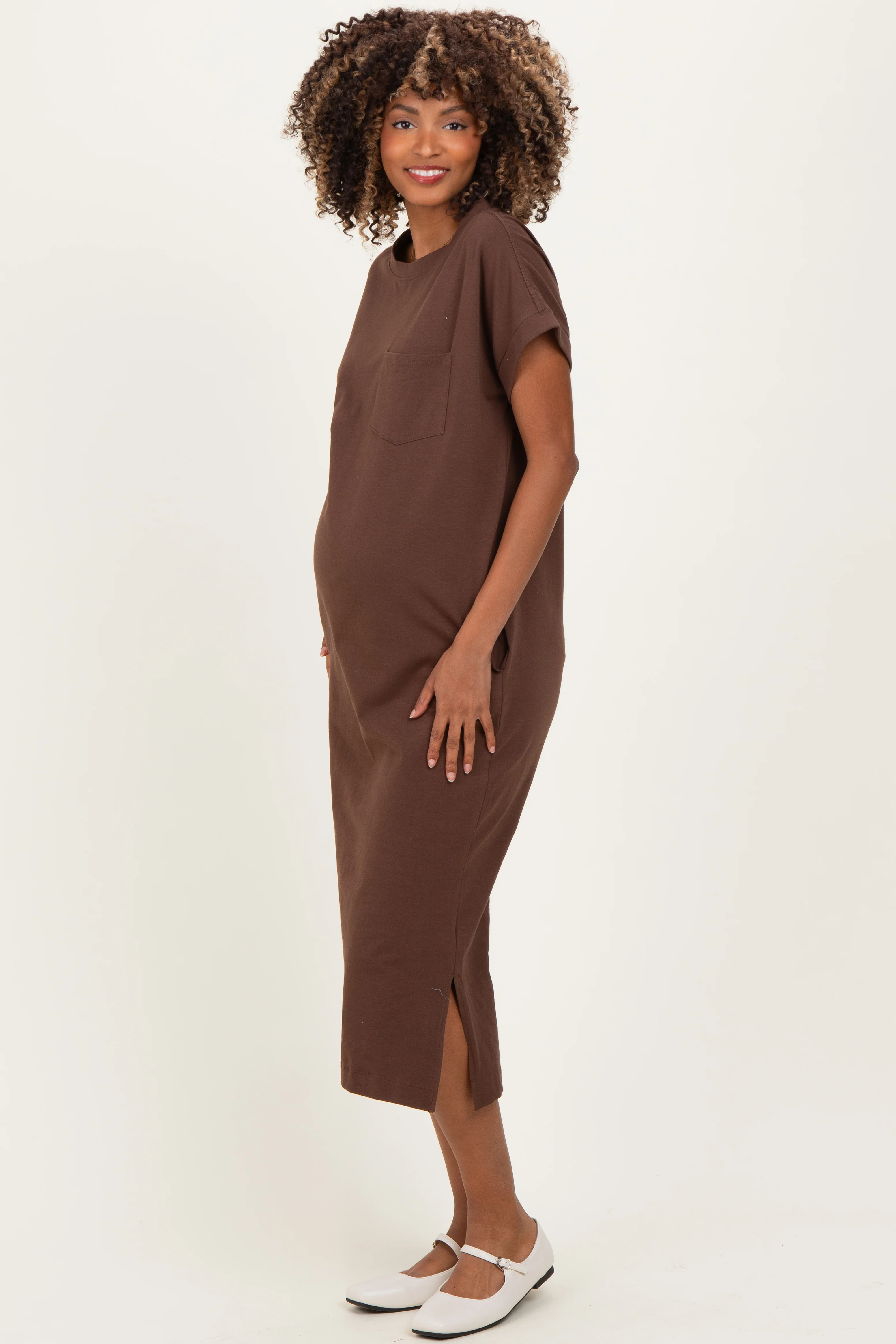 Brown Pocket Front Maternity Midi T-Shirt Dress - Image 3
