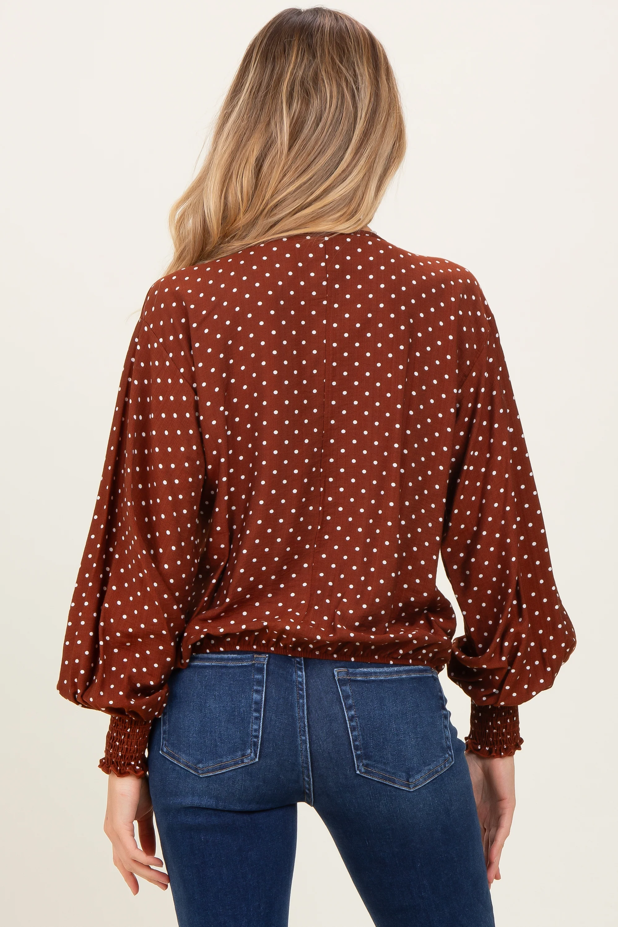 Brown Polka Dot Long Sleeve Smocked Maternity Top - Image 5