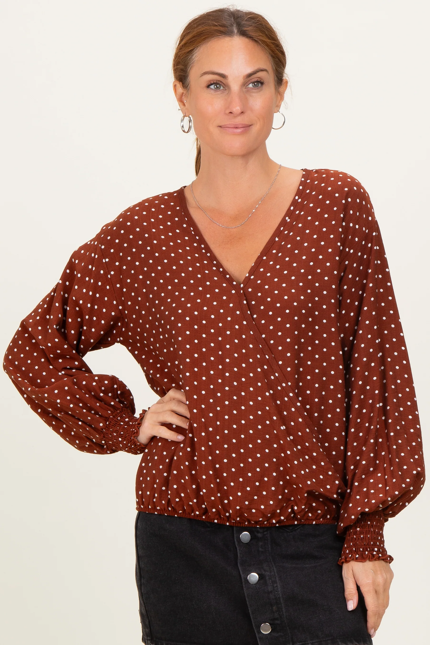 Brown Polka Dot Long Sleeve Smocked Maternity Top - Image 6