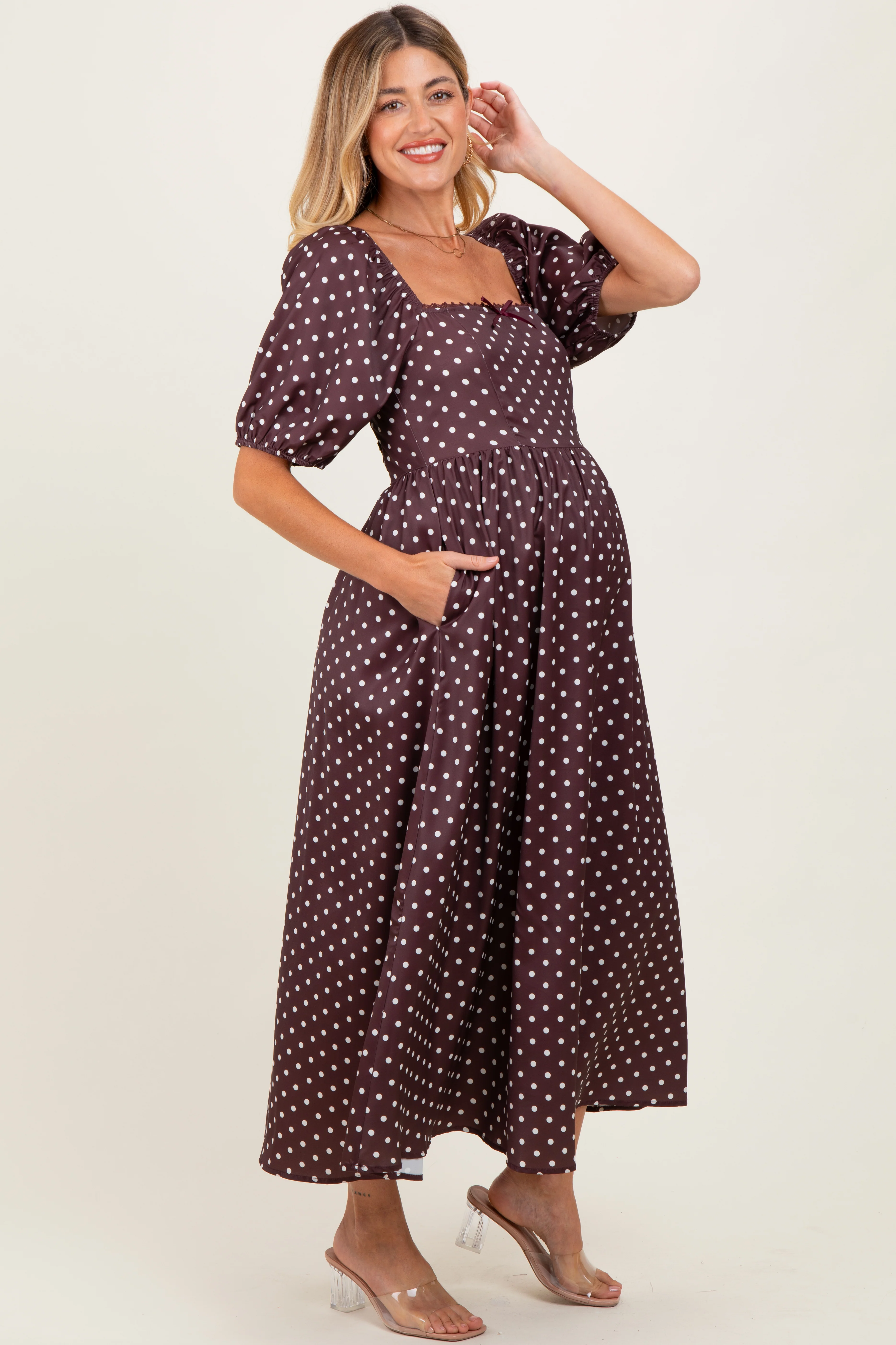 Brown Polka Dot Square Neck Maternity Midi Dress - Image 3