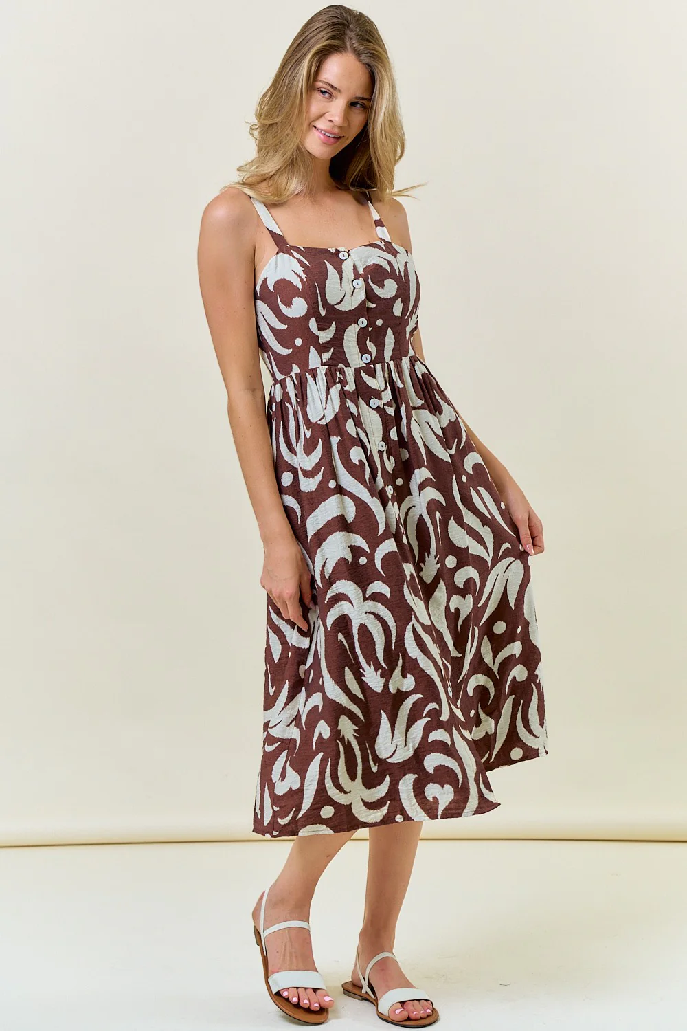 Brown Printed Button Down Sleeveless Maternity Midi Dress - Image 5