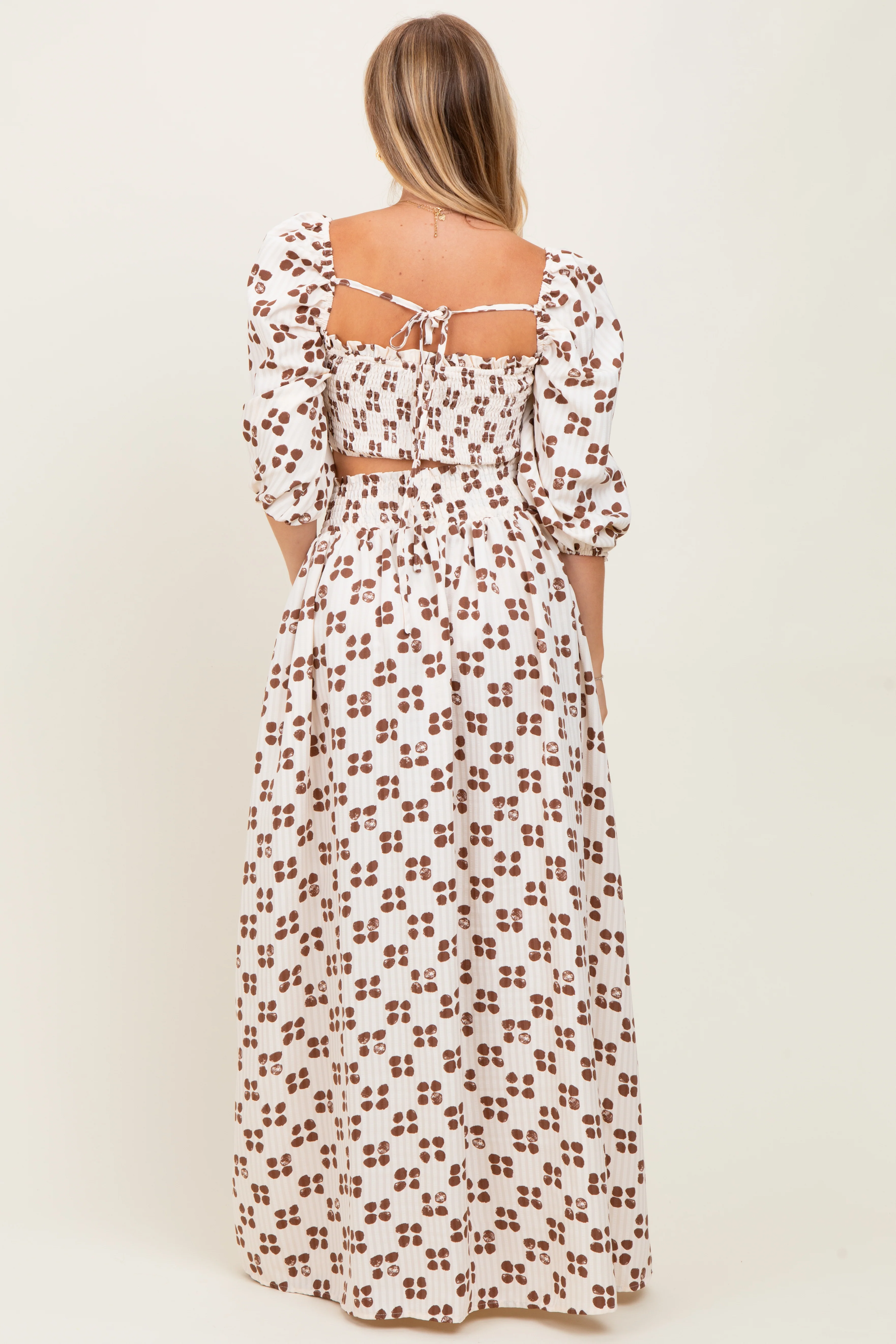 Brown Printed Smocked Crop Top Maxi Skirt Set - Image 3