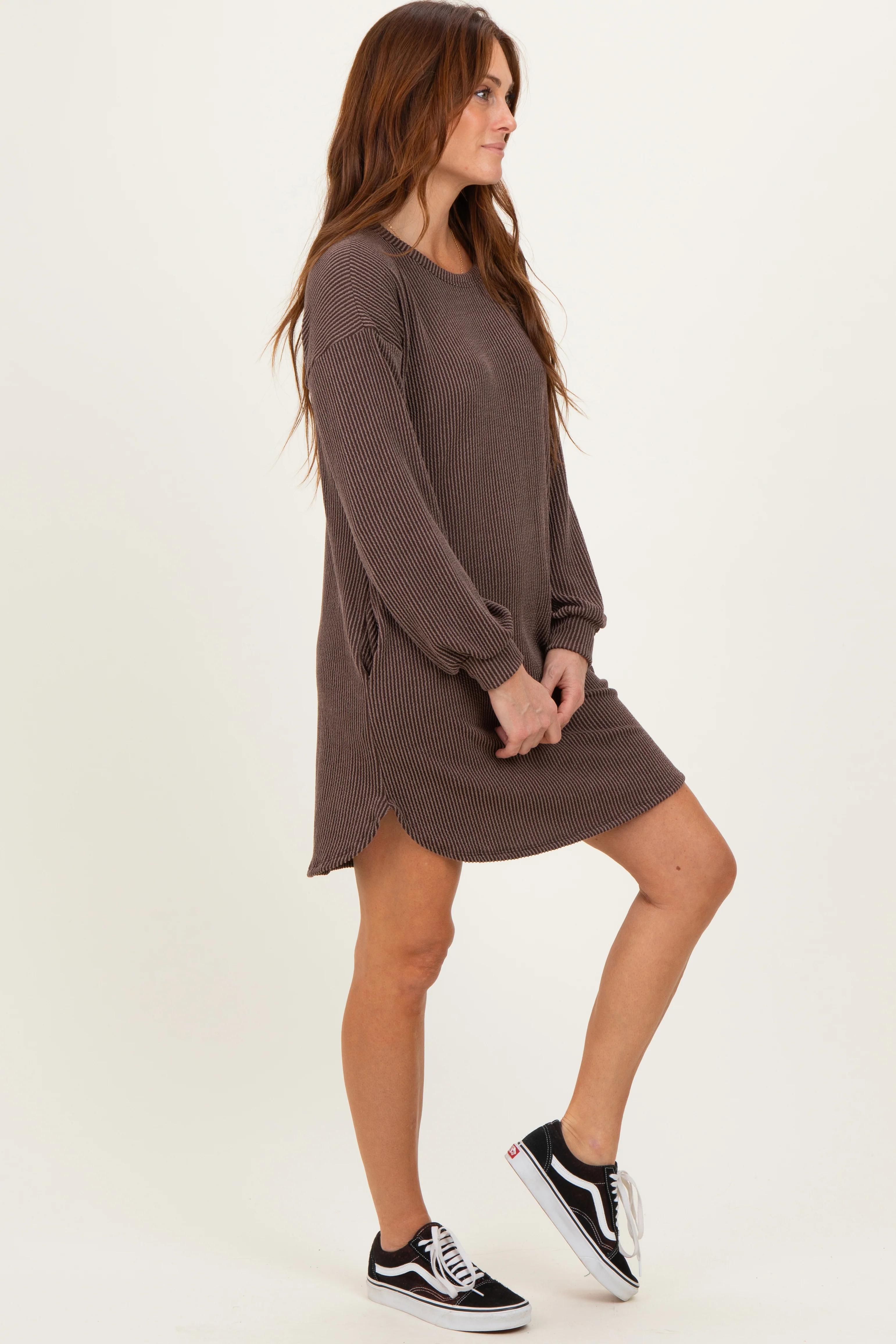 Brown Rib Knit Long Sleeve Dress - Image 3
