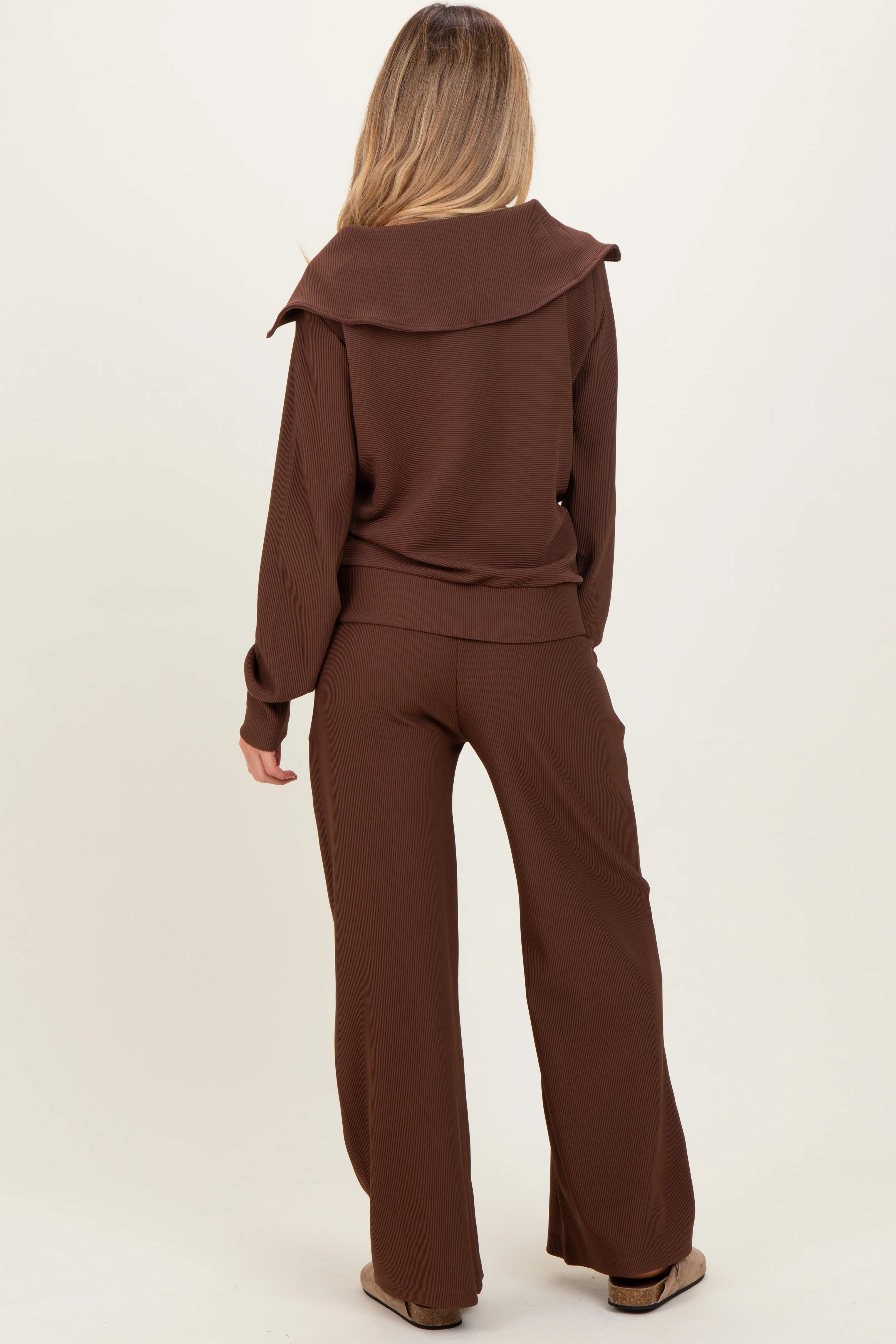 Brown Ribbed Half Zip Pullover Wide Leg Pant Maternity Set - Image 4