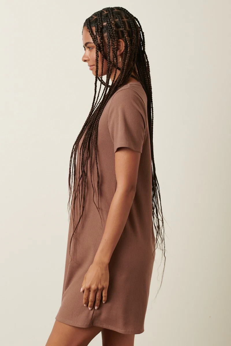 Brown Ribbed Knit Basic Short Sleeve T-Shirt Dress - Image 3