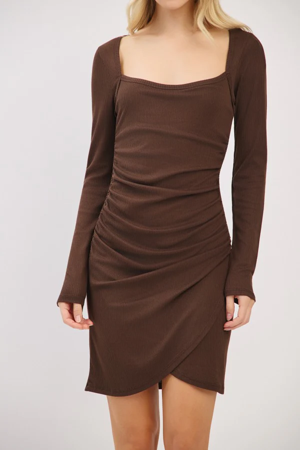 Brown Ribbed Long Sleeve Ruched Tulip Skirt Dress - Image 4