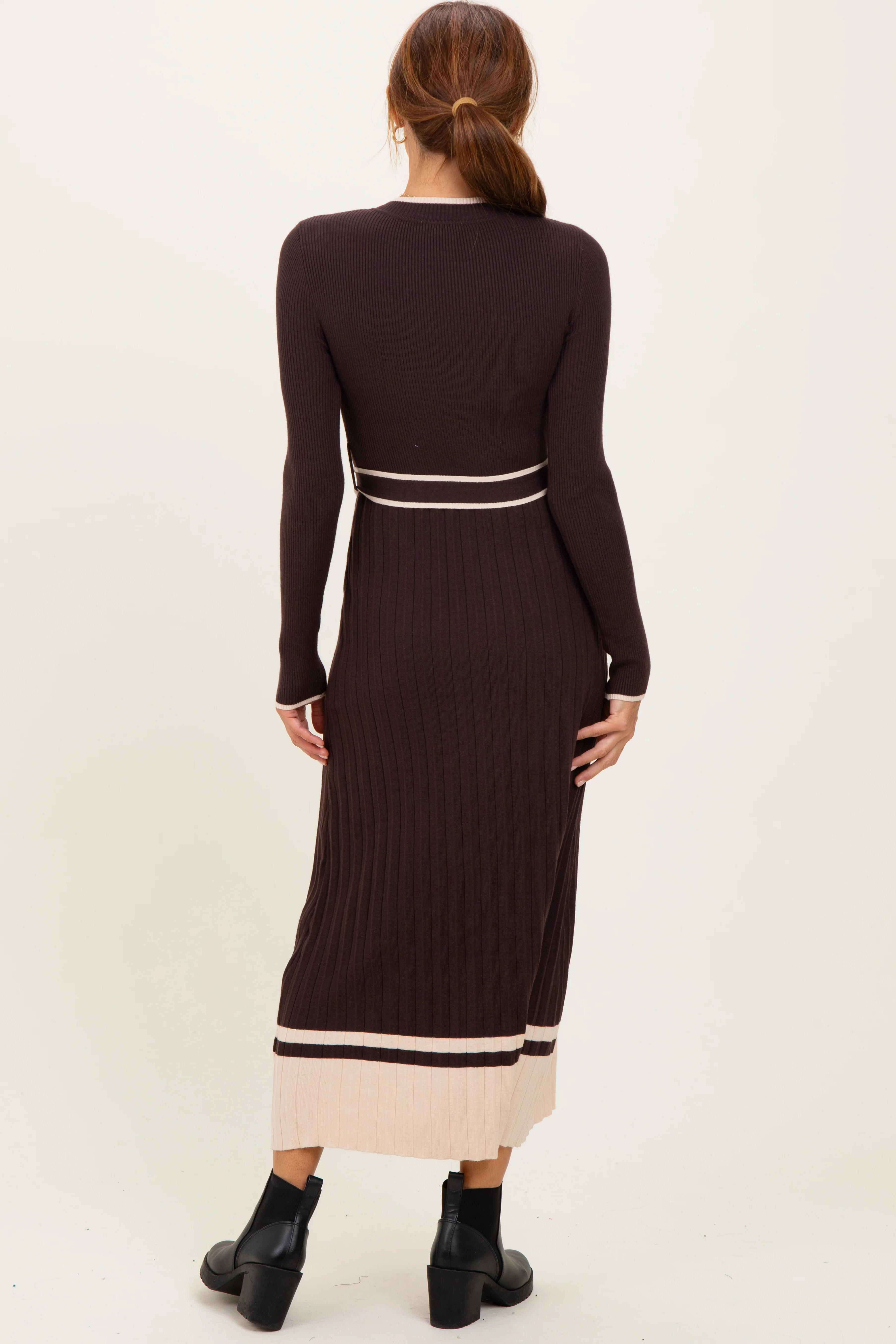 Brown Ribbed Midi Sweater Dress With Belt - Image 4