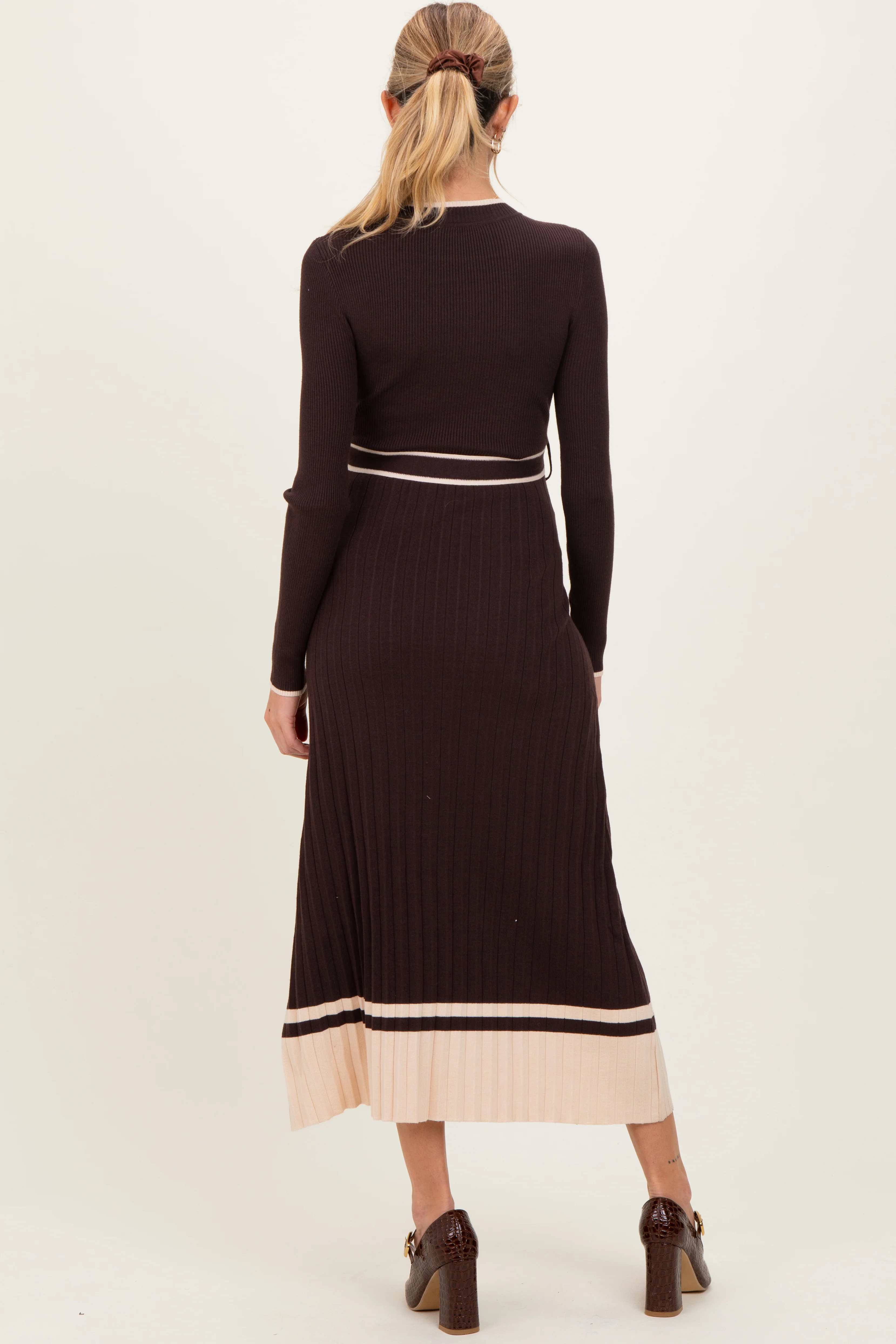 Brown Ribbed Midi Sweater Dress With Belt - Image 4