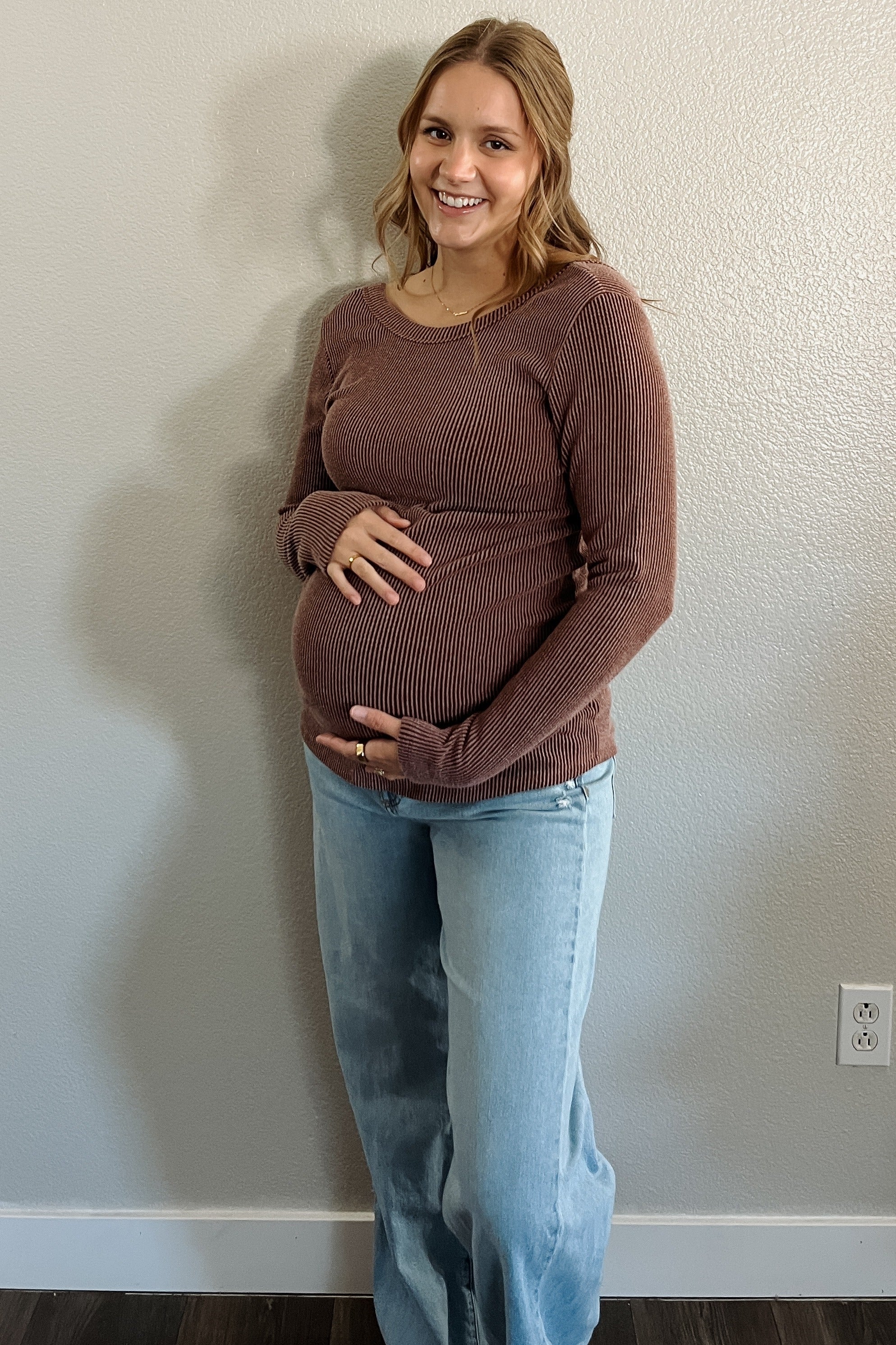 Brown Ribbed Scoop Neck Long Sleeve Maternity Top - Image 5