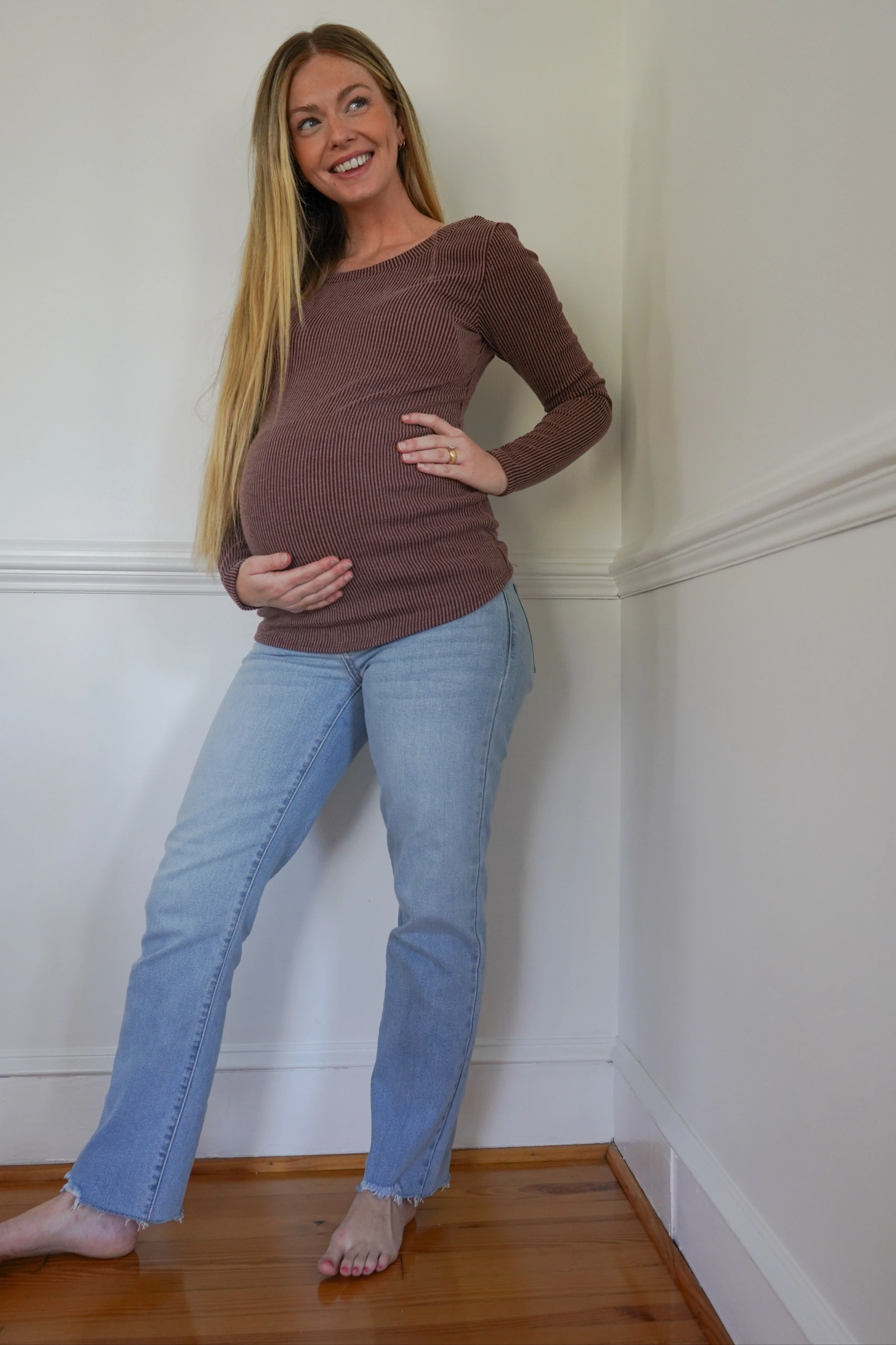 Brown Ribbed Scoop Neck Long Sleeve Maternity Top - Image 6