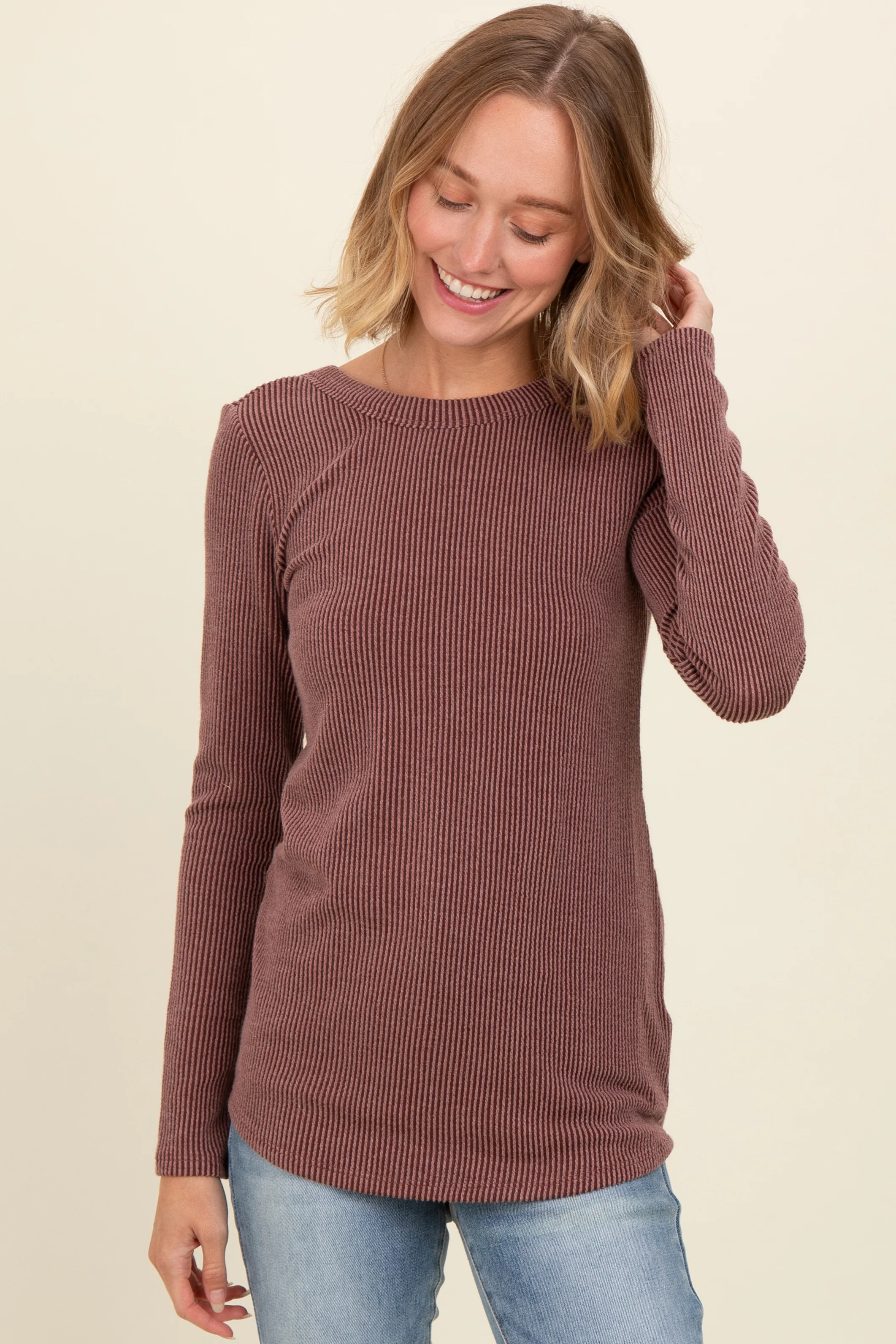 Brown Ribbed Scoop Neck Long Sleeve Maternity Top - Image 7