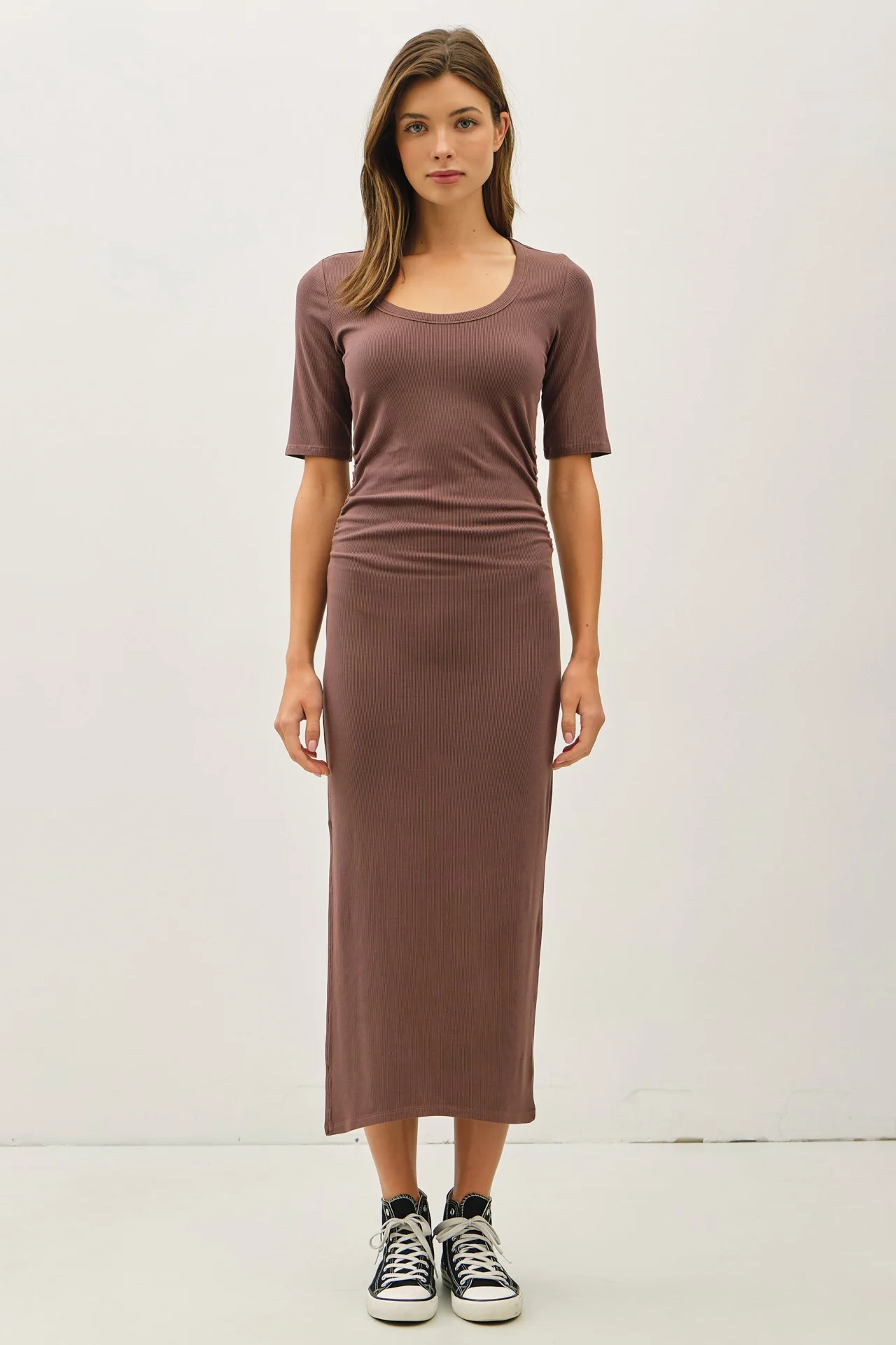 Brown Ruched Short Sleeve Side Slit Maternity Midi Dress - Image 4