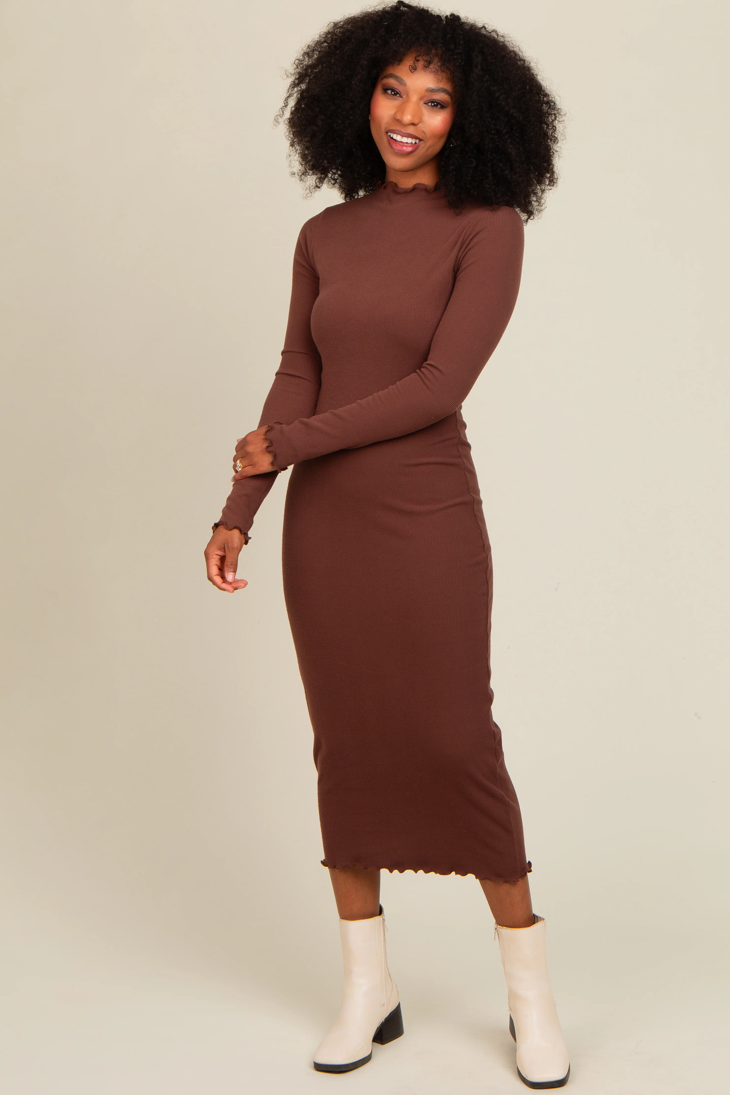 Brown Ruffle Mock Neck Long Sleeve Maternity Midi Dress - Image 6