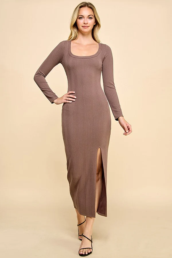 Brown Scoop Neck Long Sleeve Front Slit Maternity Maxi Dress - Image 5