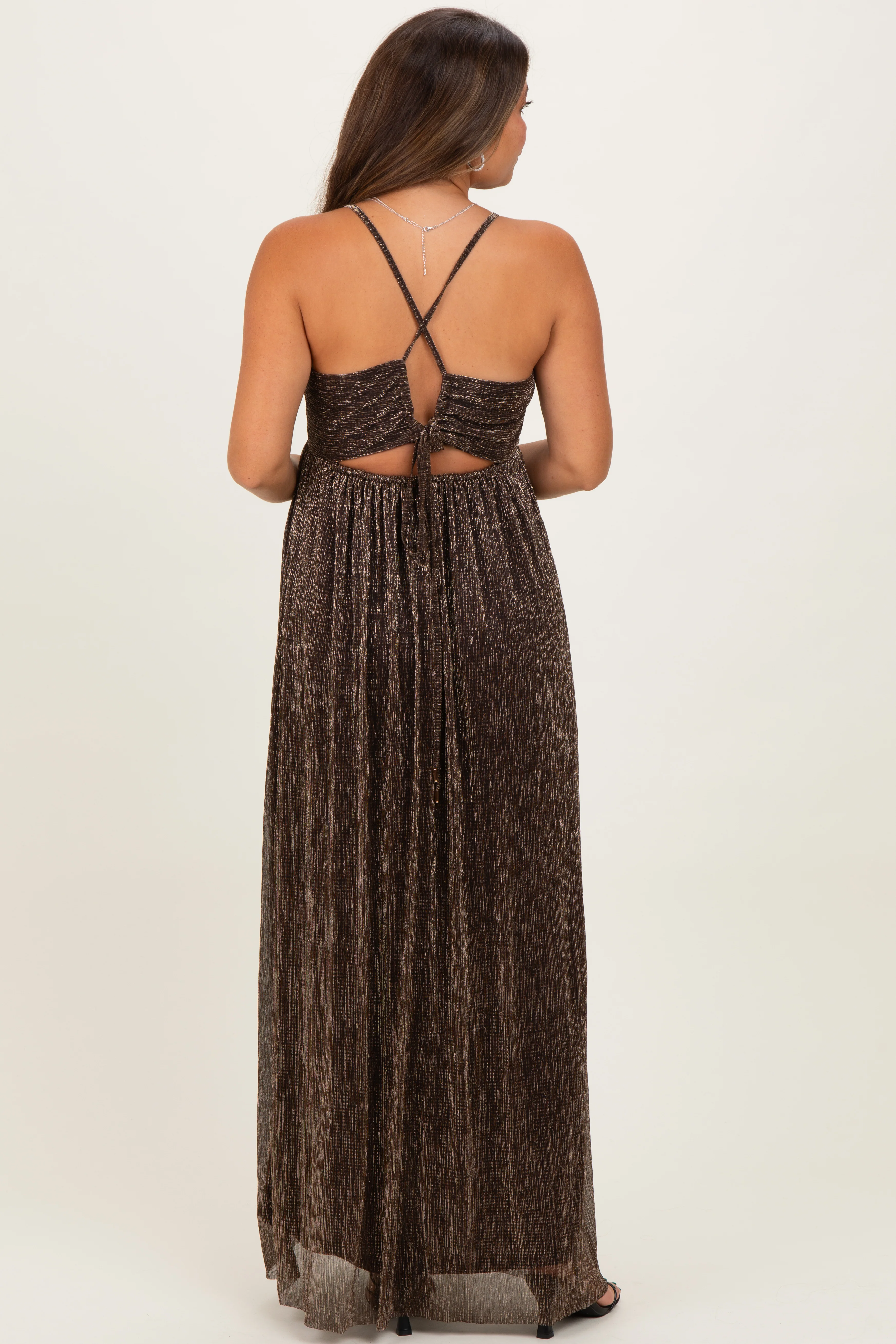 Brown Shimmer Open Tie Back Maternity Maxi Dress - Image 4