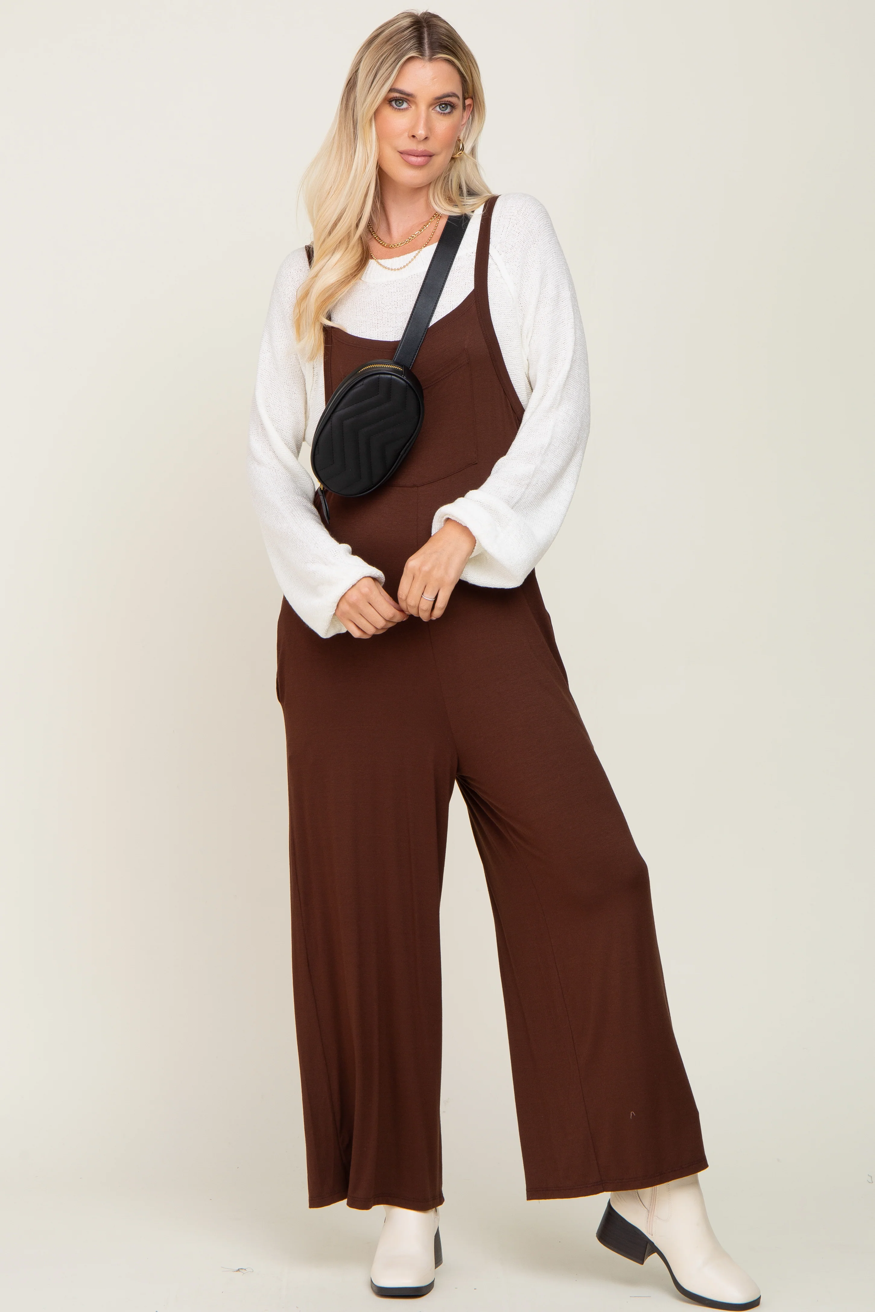 Brown Sleeveless Pocketed Wide Leg Maternity Jumpsuit - Image 7