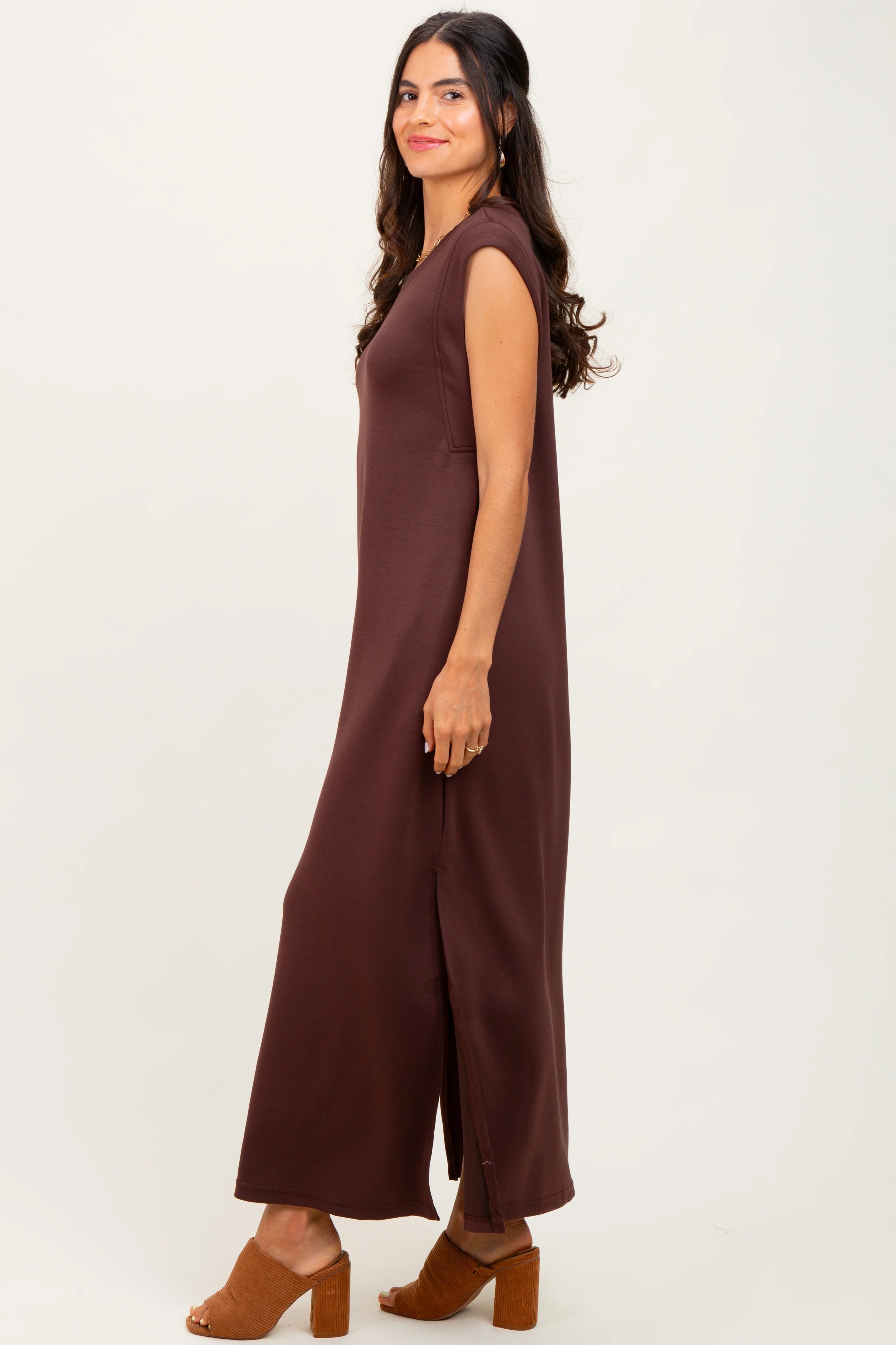 Brown Sleeveless Side Slit Midi Dress - Image 3