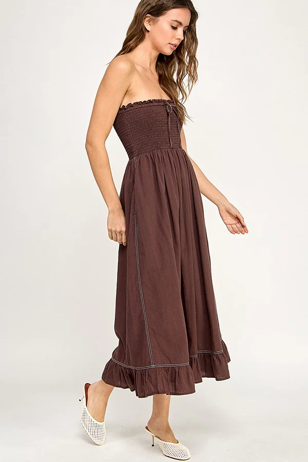 Brown Smocked Tube Midi Dress - Image 3