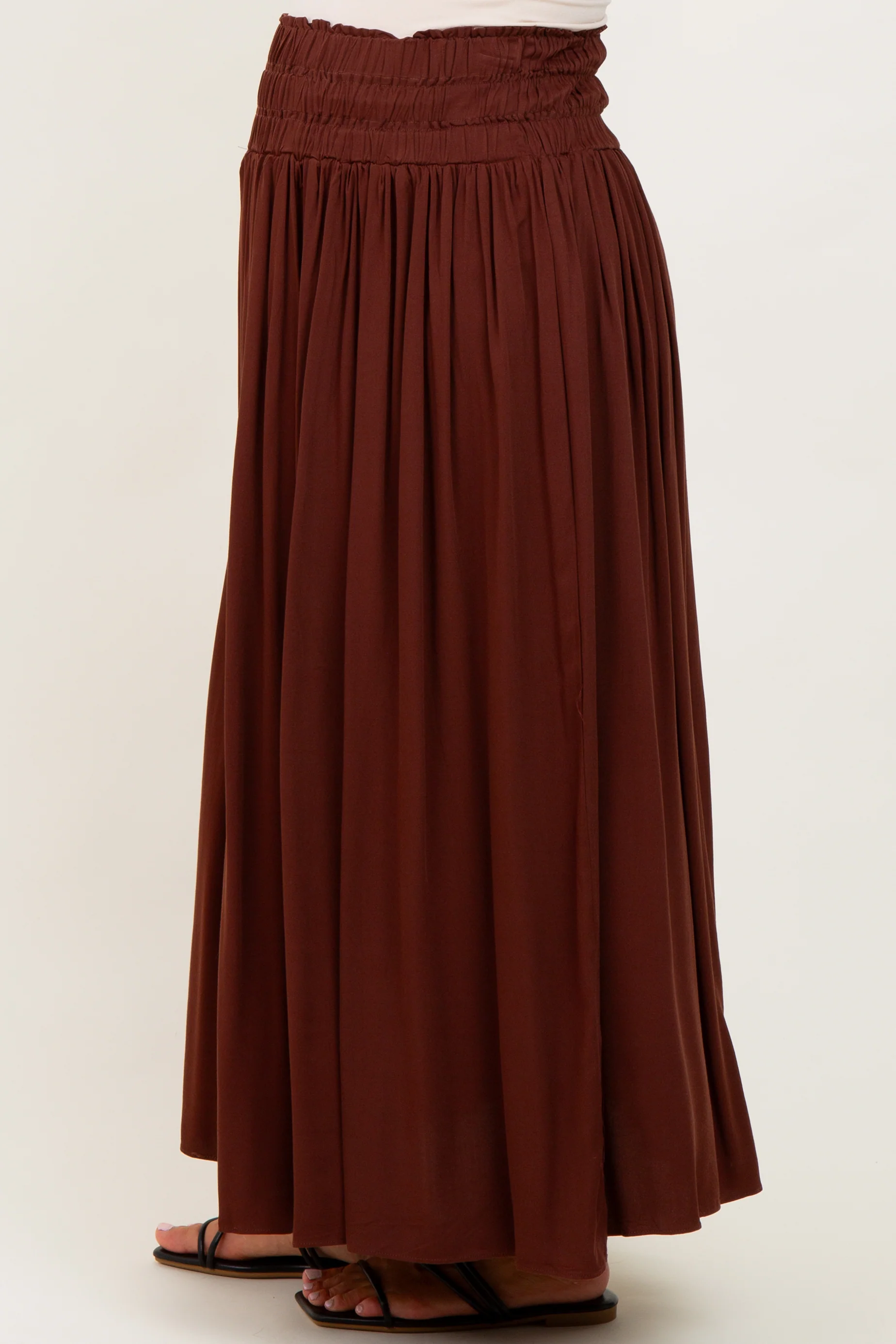 Brown Smocked Waistband Pleated Maternity Maxi Skirt - Image 4