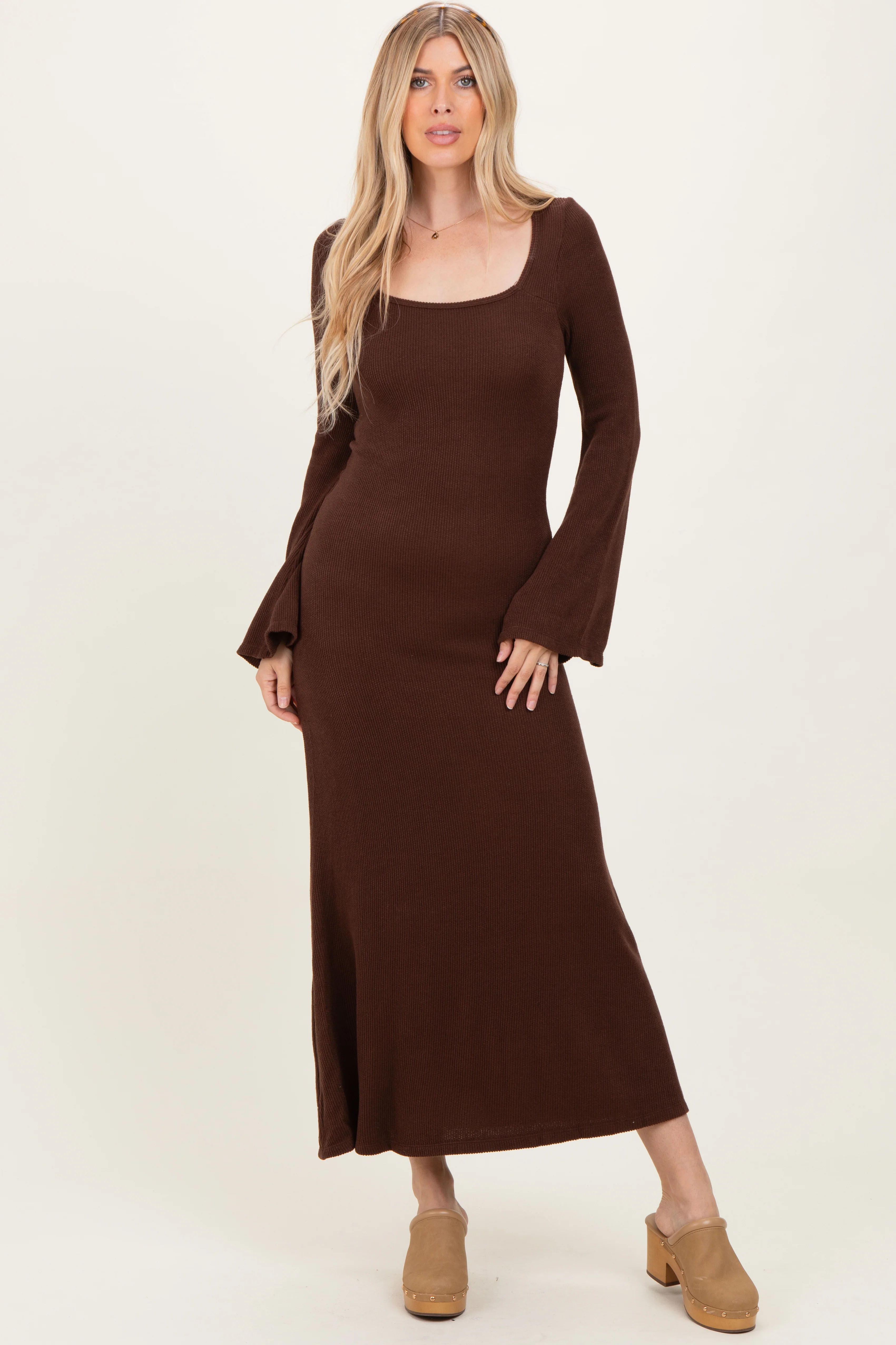 Brown Solid Ribbed Long Sleeve Square Neck Maternity Maxi Dress - Image 5