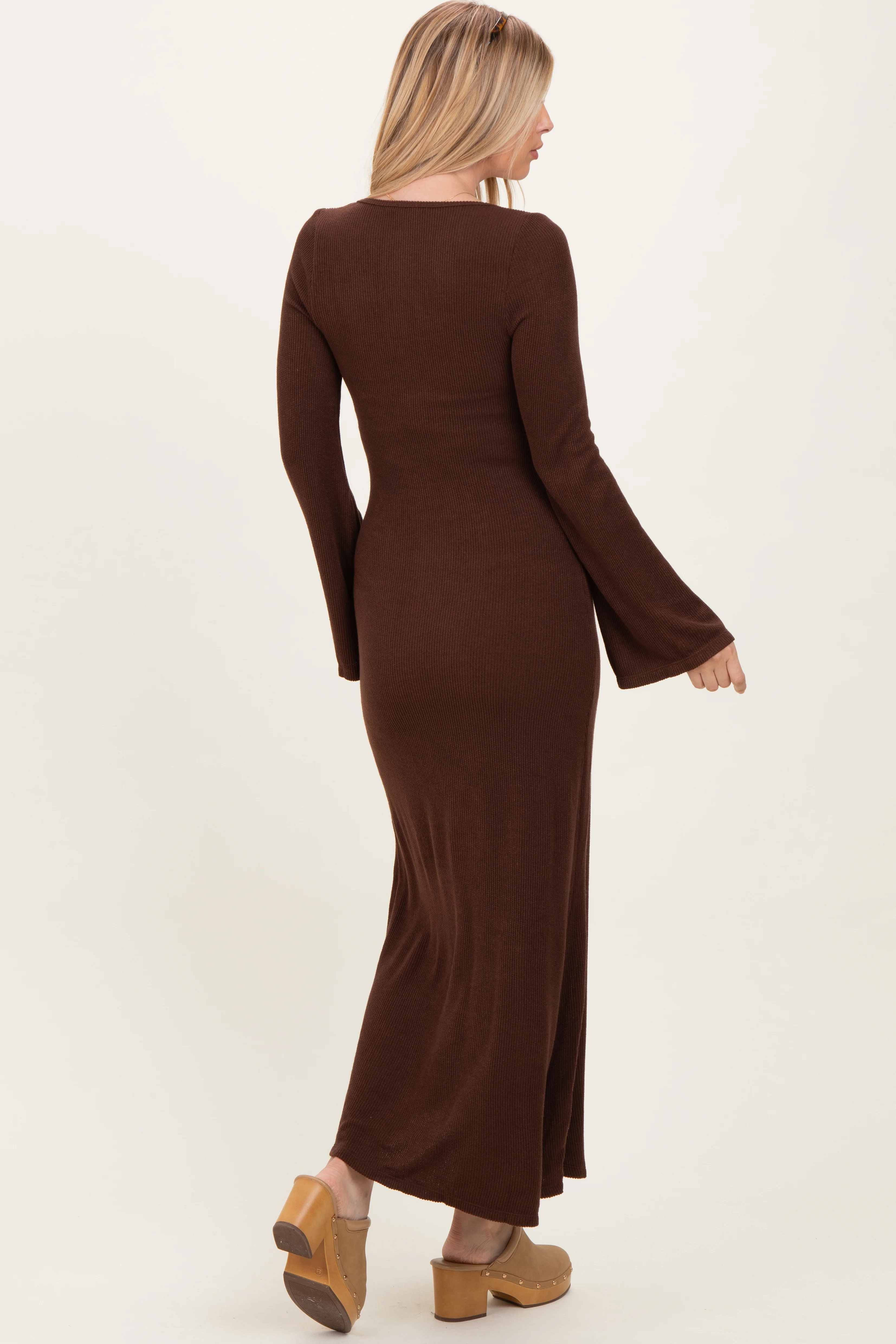 Brown Solid Ribbed Long Sleeve Square Neck Maxi Dress - Image 3