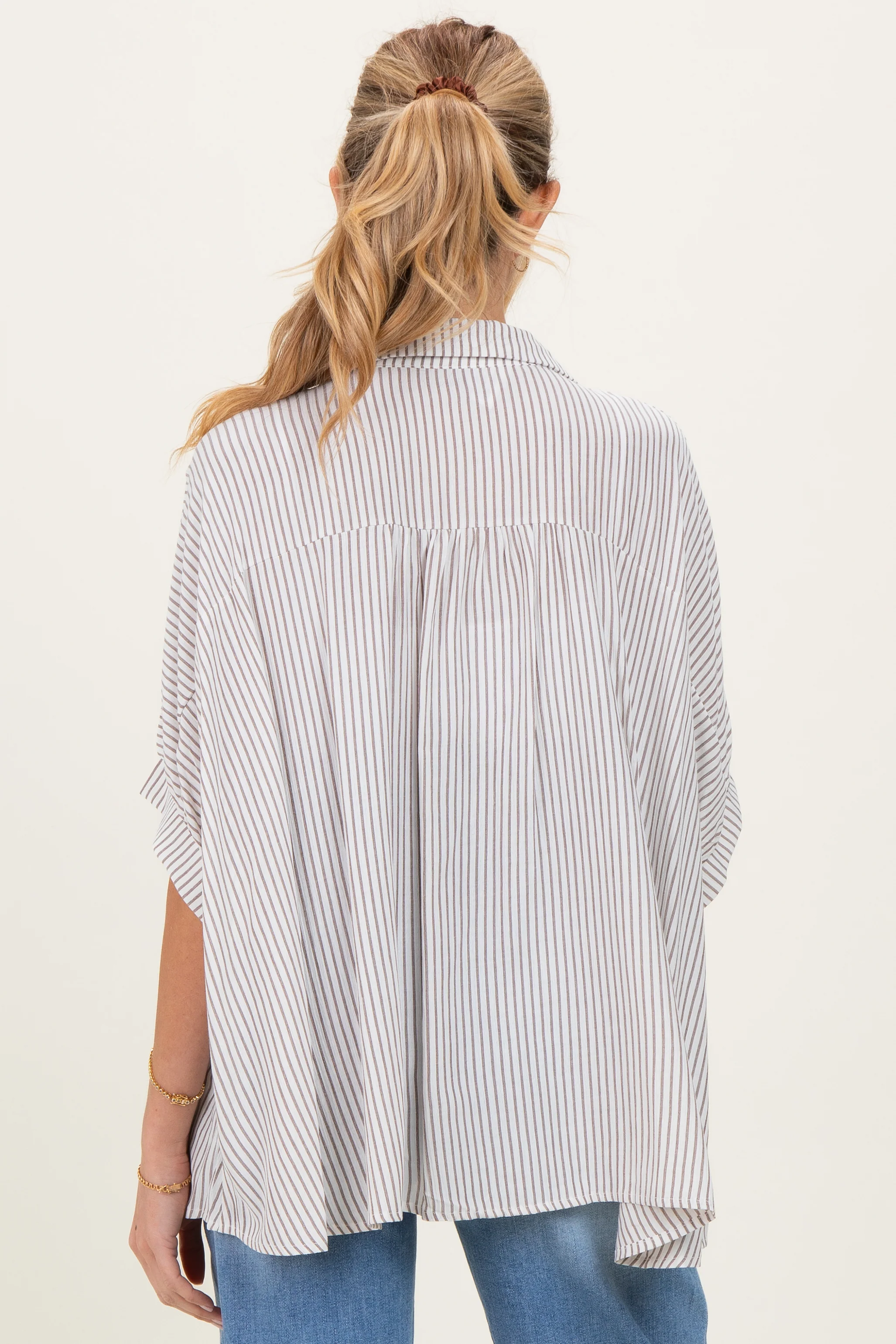 Brown Striped Boxy Button Down Maternity Top - Image 4