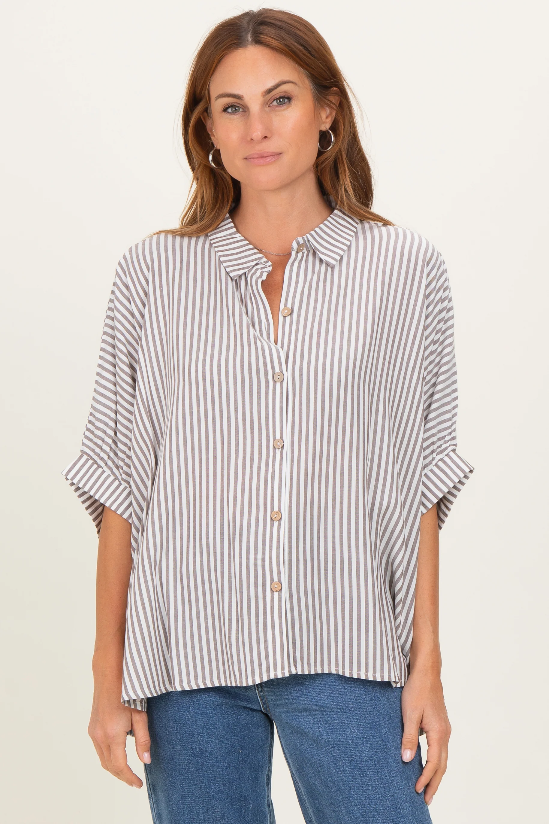 Brown Striped Button Up Dolman Maternity Top - Image 4