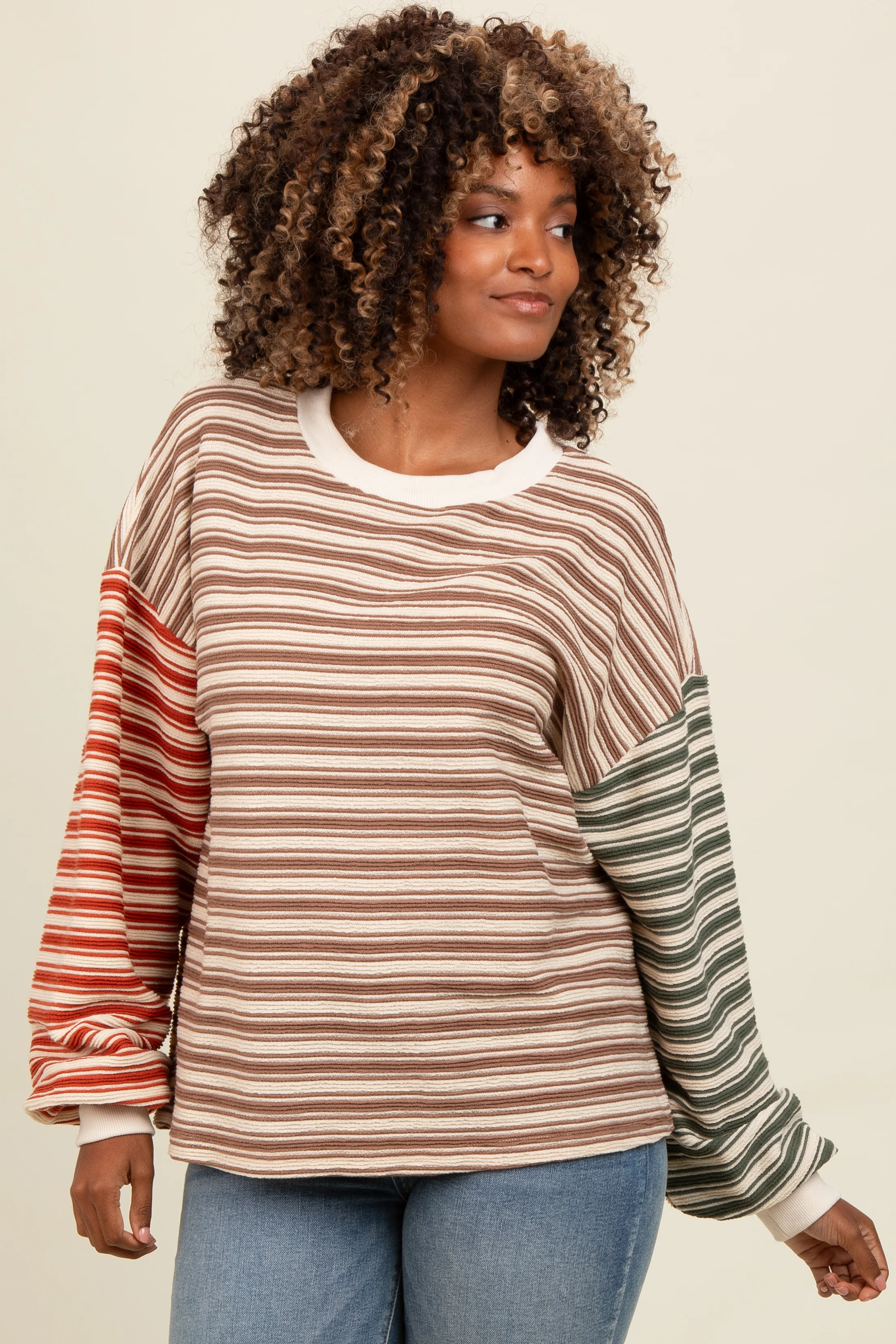 Brown Striped Colorblock Bubble Sleeve Top - Image 2
