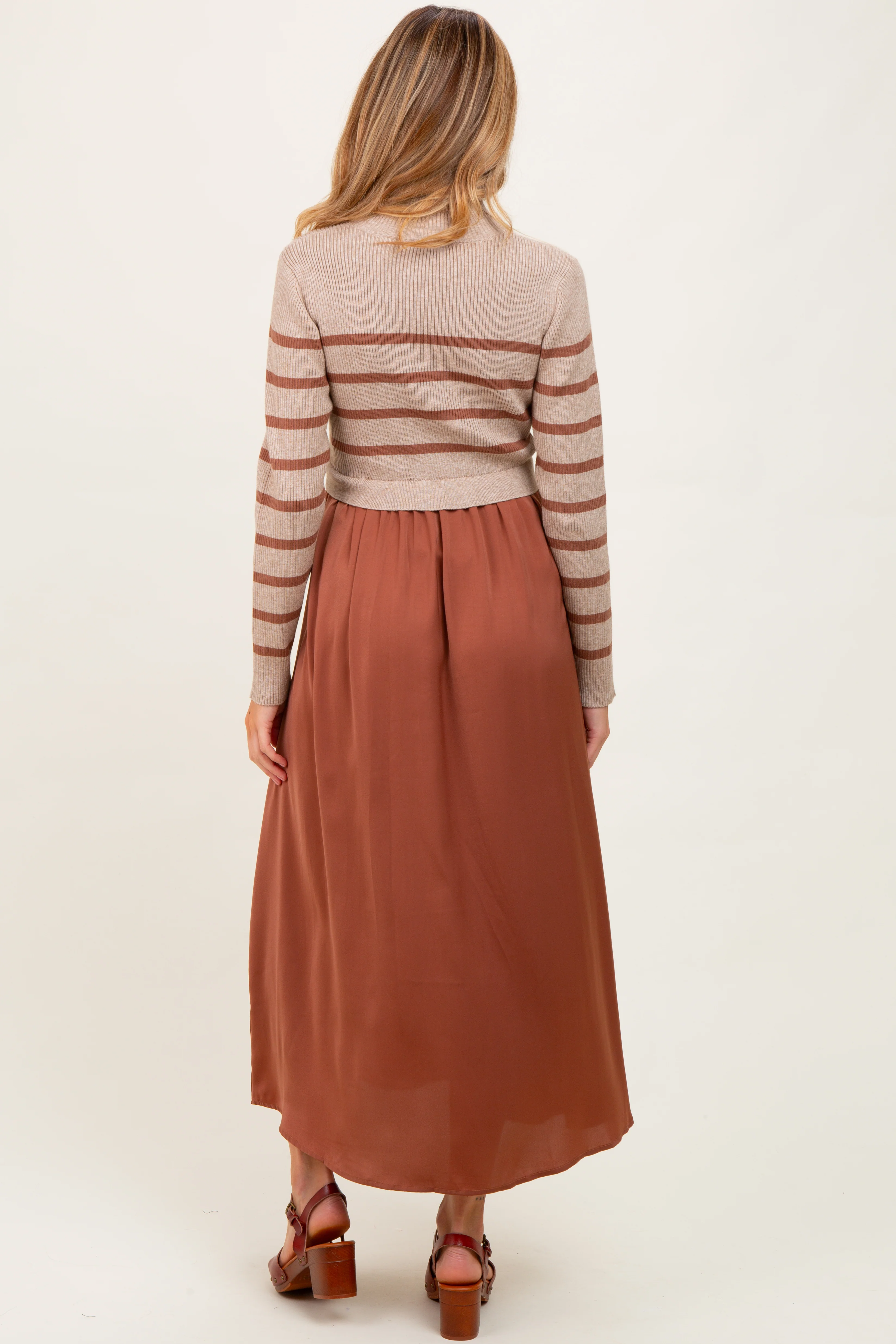 Brown Striped Contrast Sweater Top Maternity Maxi Dress - Image 3