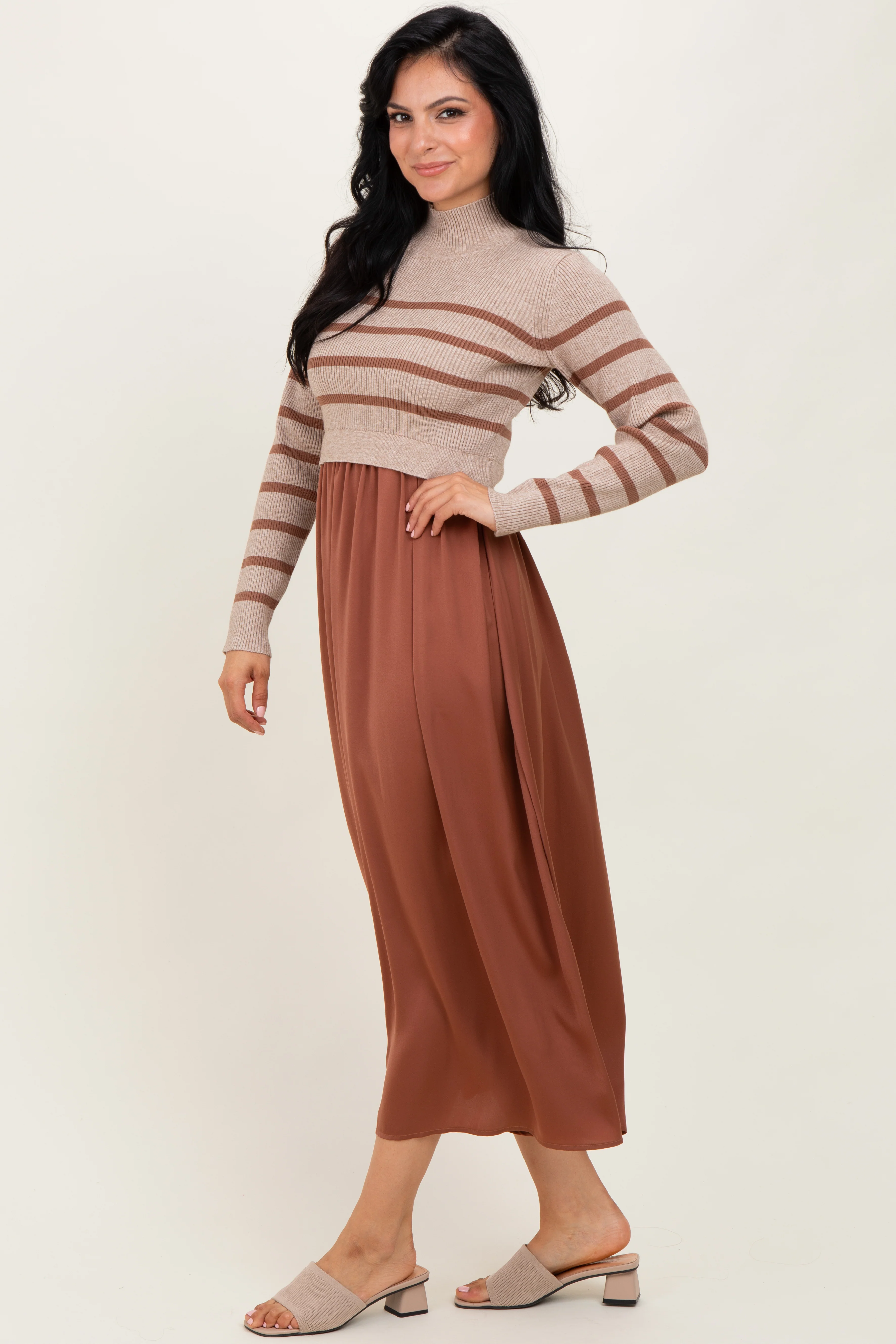 Brown Striped Contrast Sweater Top Maxi Dress - Image 3