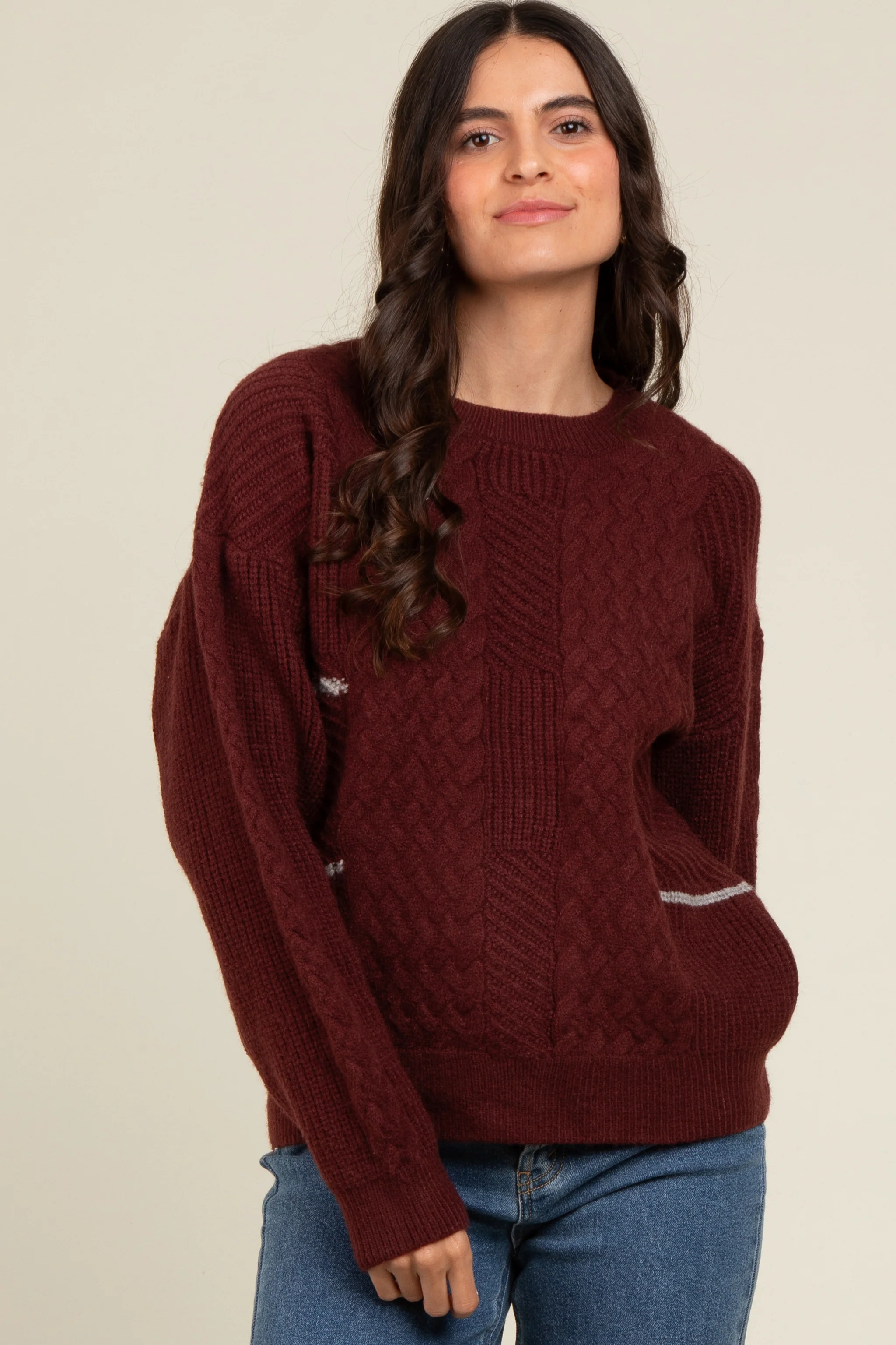 Brown Striped Mixed Cable Knit Sweater - Image 6